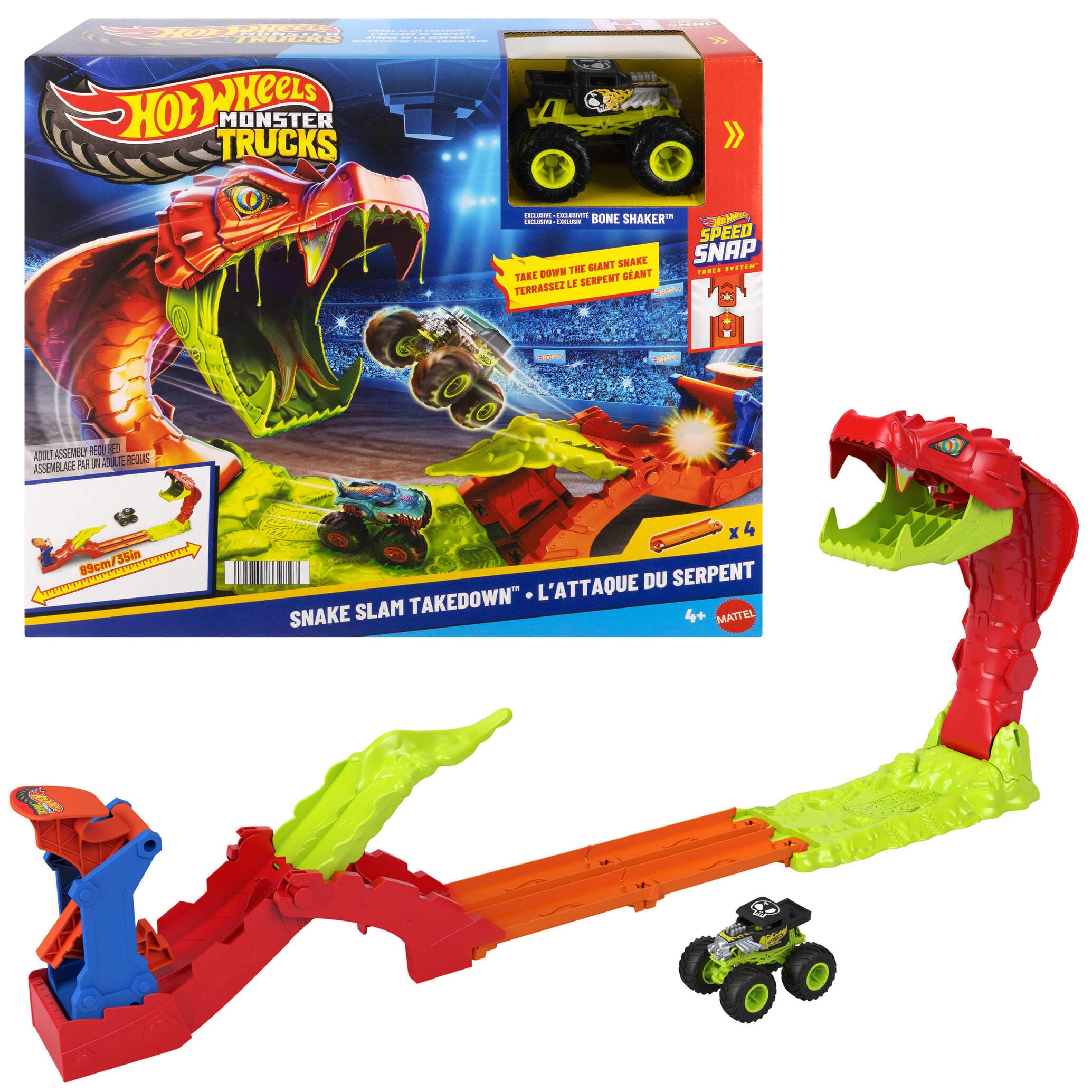 Hot Wheels Monster Trucks Derriba a la Serpiente, Conjunto de Juego de Juguete, Conjunto de Pista con vehículo de Juguete Bone Shaker Exclusivo a Escala 1:64, Incluye Pista, JJN44