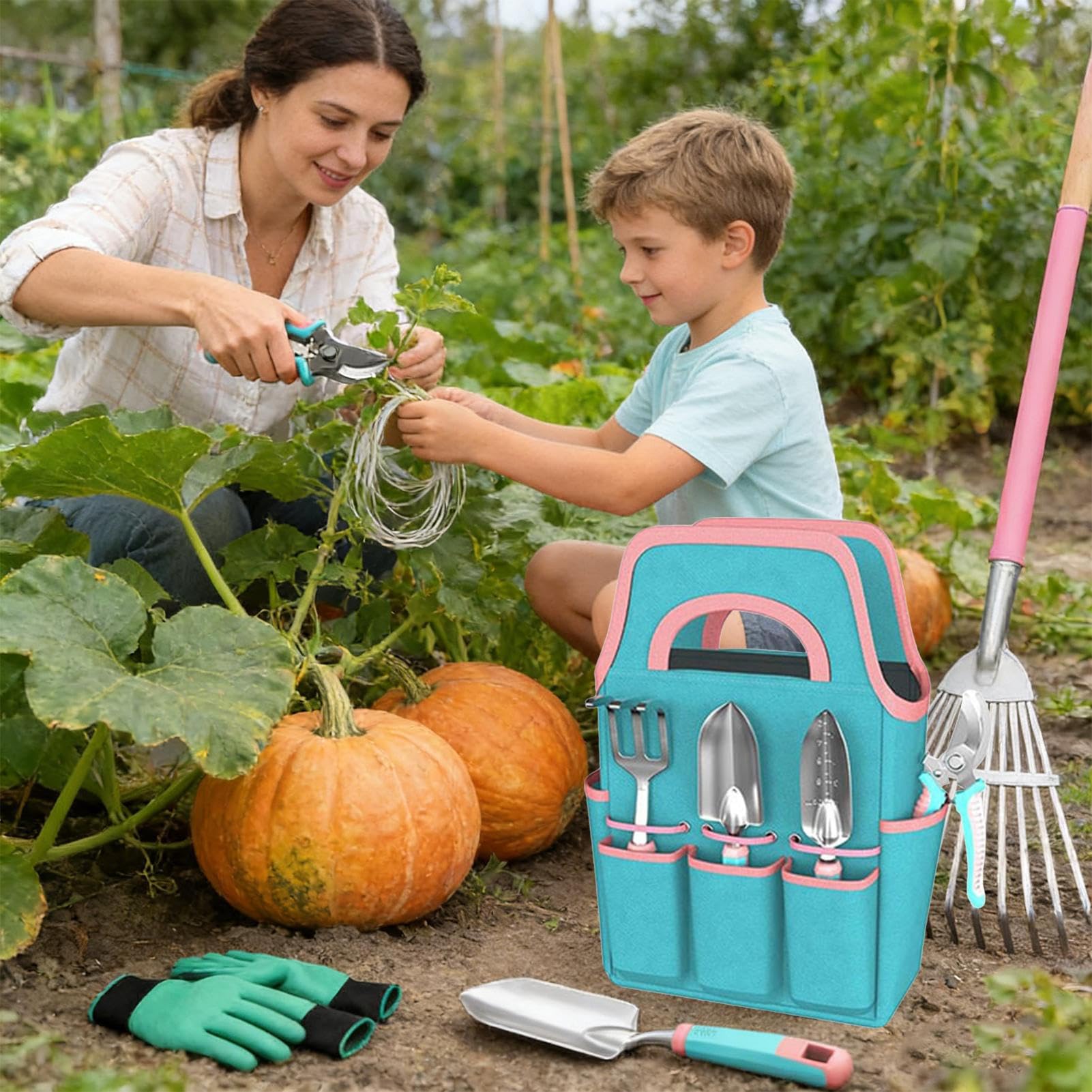 Kit de Jardinería Incluye Palita Rastrillo Tijeras Y Guantes | Herramientas de Mano con Bolsa de Transporte para Jardín Terraza Balcón Césped Exterior e Interior