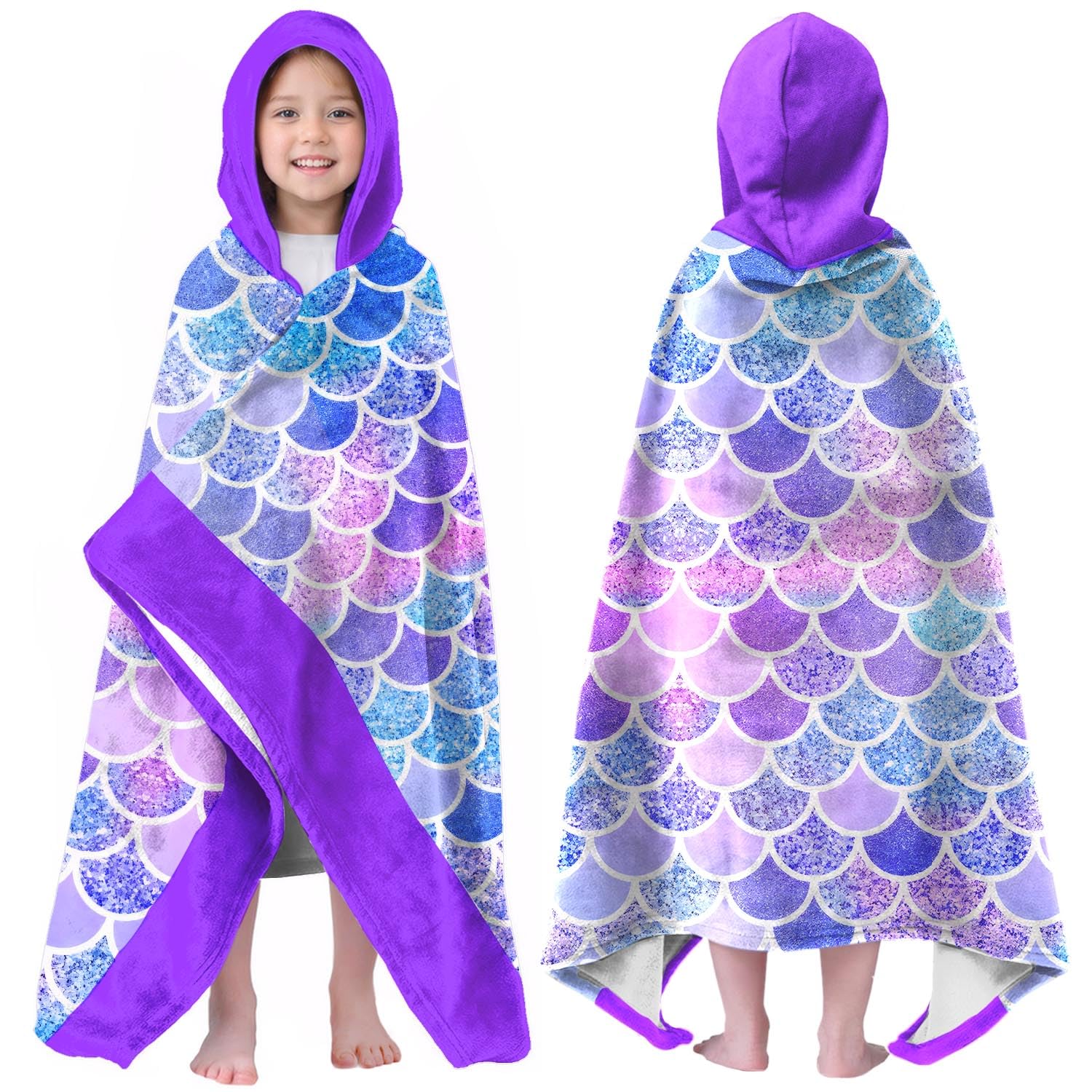 Mermaid Hooded Beach Towel for Girls, 35x60 in Quick Dry Swim Wrap, 03