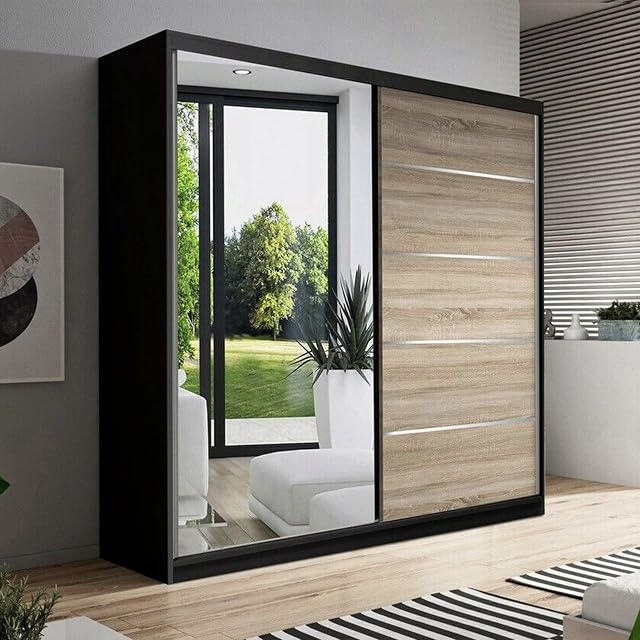 Modern Sliding Door Wardrobe with Built in Mirror for Bedroom or Living Room (150cm Wide) - Matt Black & Sonoma Oak Brown