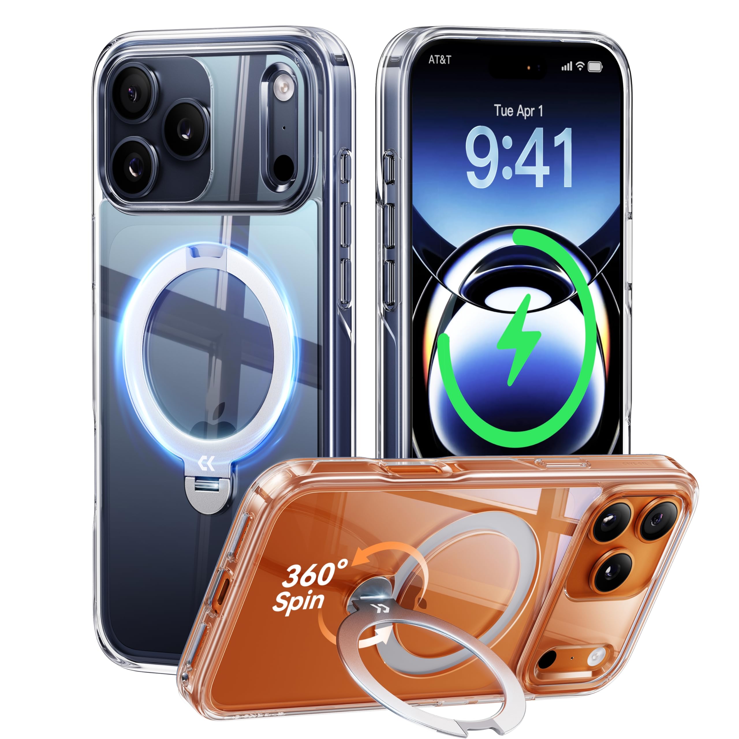 CASEKOO Clear for iPhone 17 Pro Max Case with 360 Spin Magnetic Stand Fit for MagSafe 17FT Military