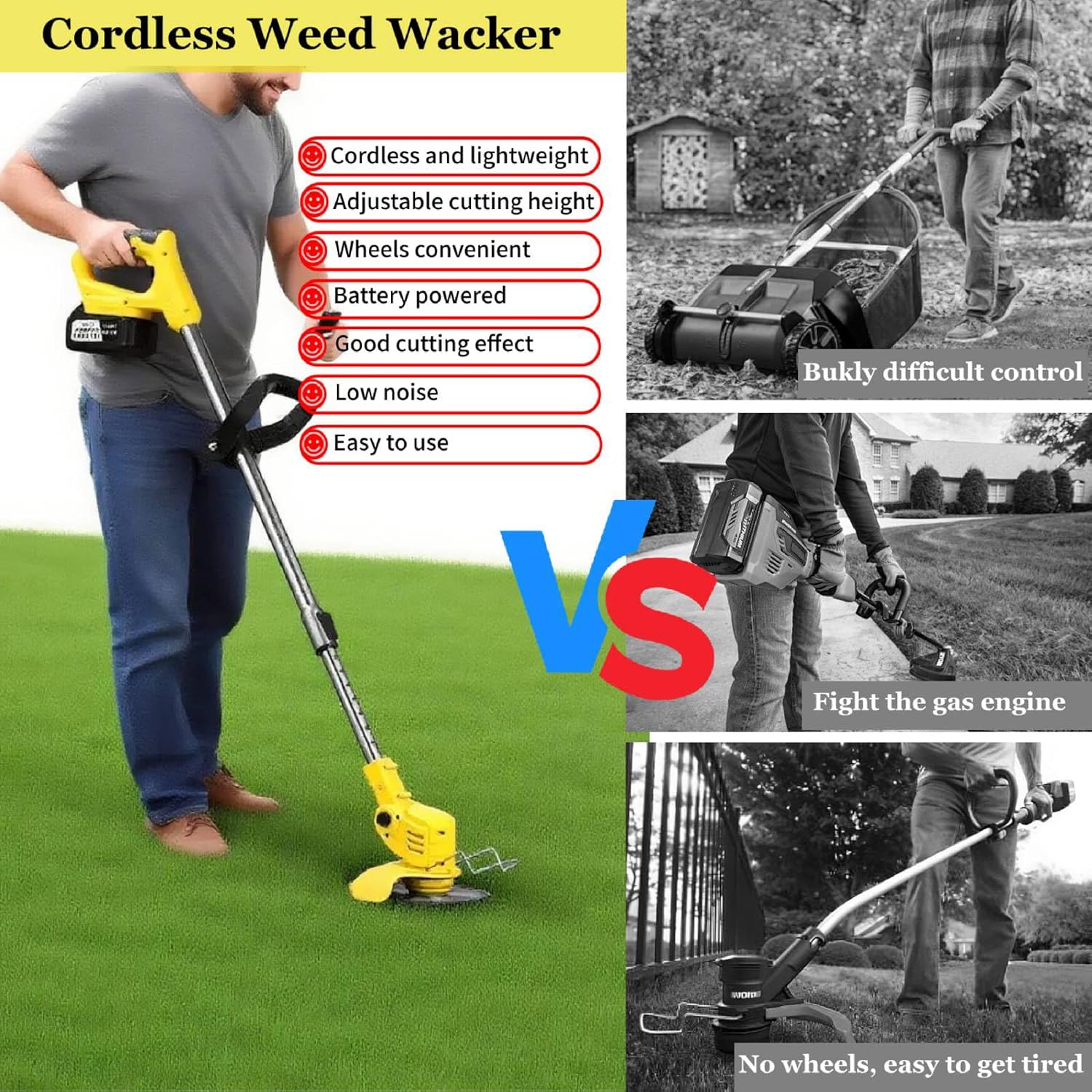 24V Electric Weed Wacker with Wheels, Cordless Grass Trimmer with 2x2000mAh Batteries & Charger, 3 in 1 Grass Stringless Lightweight Brush Cutter/Grass Trimmer/Lawn/Edger for Lawn, Garden and Yard