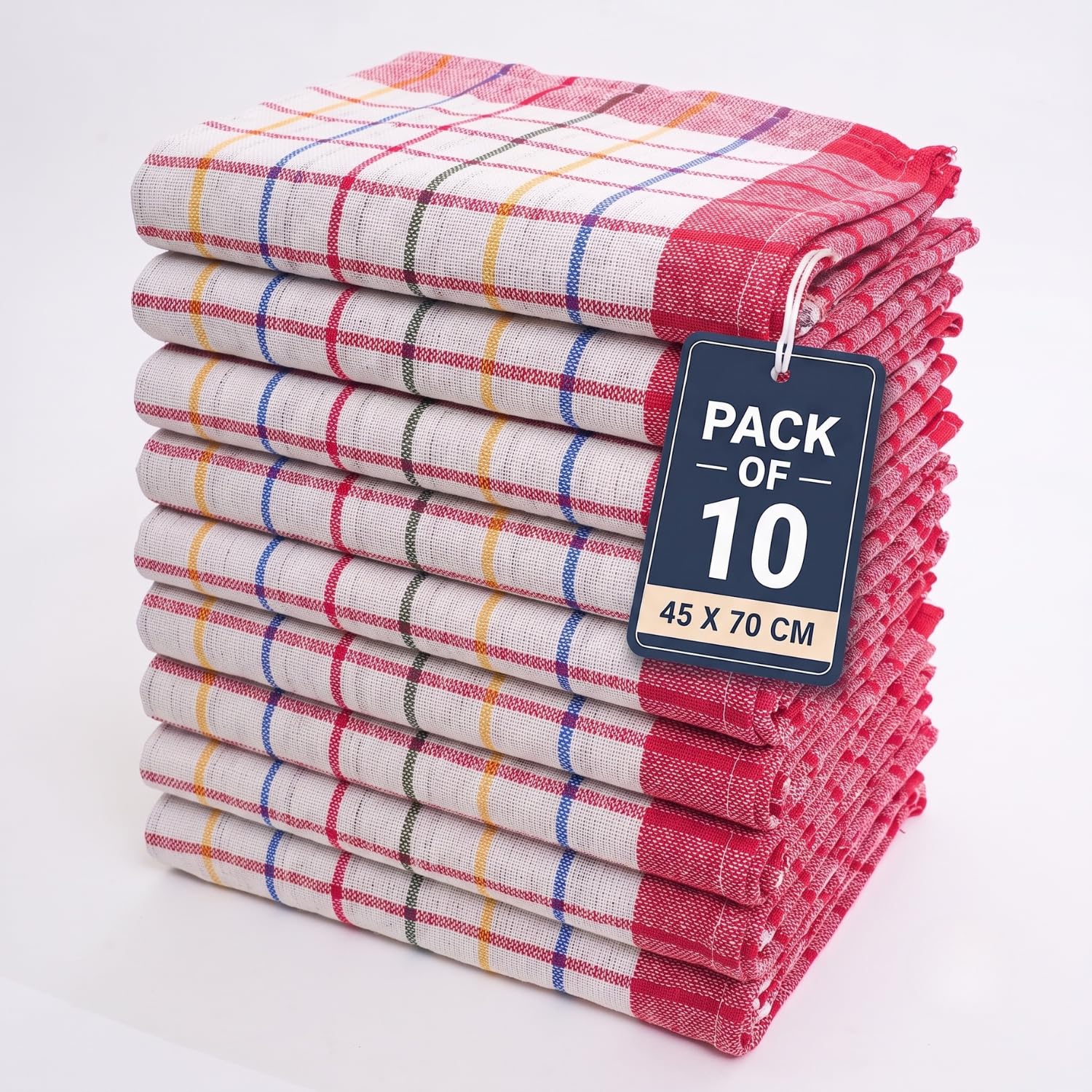 Gift Hub Kitchen Tea Towels Set, 100% Cotton Wonderdry Multicheck | Highly Absorbent Reusable Cleaning Cloths for Drying Dishes & Glassware| Home Essentials | 45x70 cm, Red - Pack 10