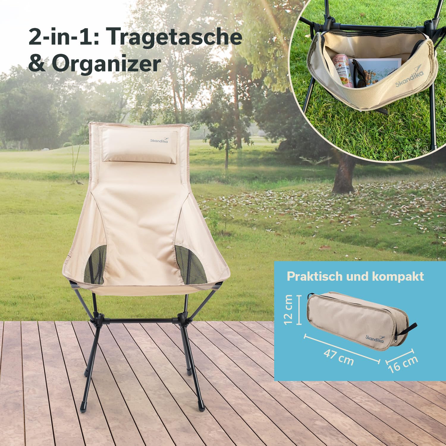 Skandika Campingstuhl Solig | Klappstuhl faltbar, bis 120 kg belastbar, Stahlrahmen, Rückenlehne gepolstert, Mesh-Einsätze | Campingstühle, Klappstühle, Stuhl für Camping, Outdoor, Balkon (Beige)
