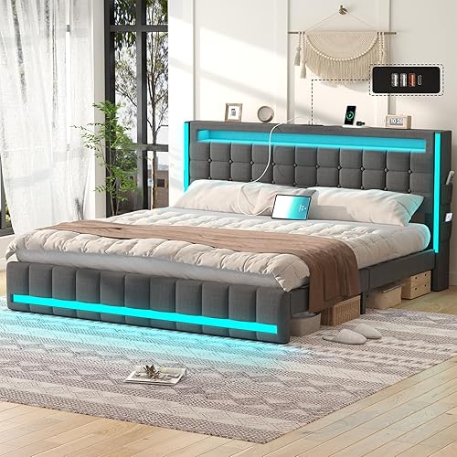 Miniatura 10 de Base de cama tamaño King con cabecero ajustable, plataforma de cama tamaño King con iluminación, base de cama tapizada de metal tamaño King con