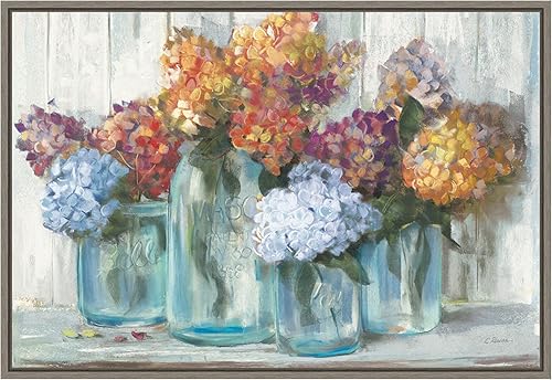 Miniatura 1 de Amanti Art Lienzo enmarcado para pared, hortensias de otoño en tarro de vidrio de Carol Rowan (23 pulgadas de ancho x 16 pulgadas de alto), marco