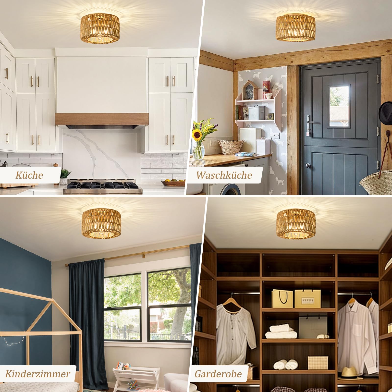 Qamra Deckenleuchte Boho Gold,3-flammige Rund Rattan Lampenschirm,Deckenlampe Rustikal Vintage E27, ohne Leuchtmittel,32cm für Schlafzimmer Wohnzimmer Esszimmer Küche Flur