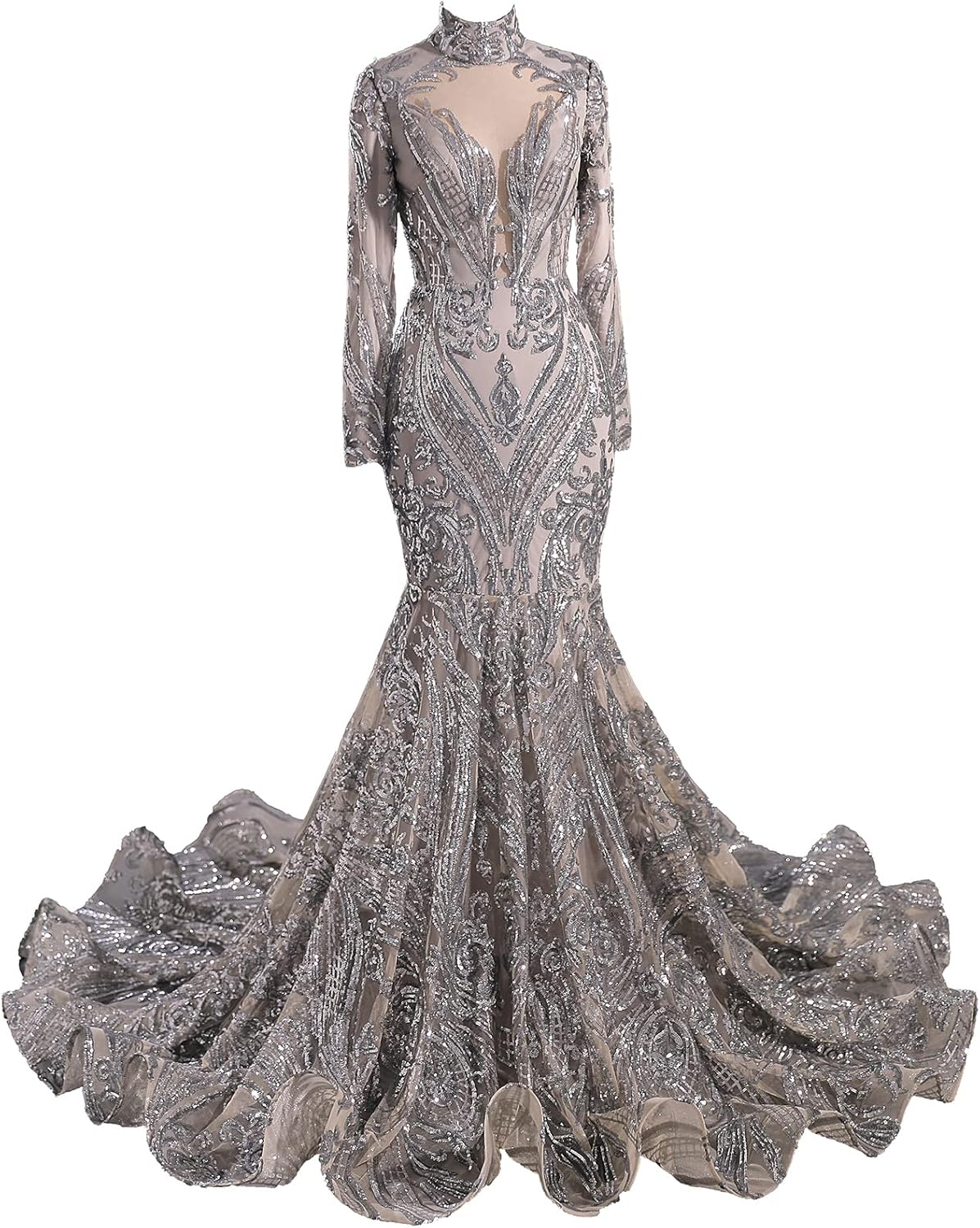 Prom Dress Sequins High Neck Mermaid Pageant Evening Party Dress