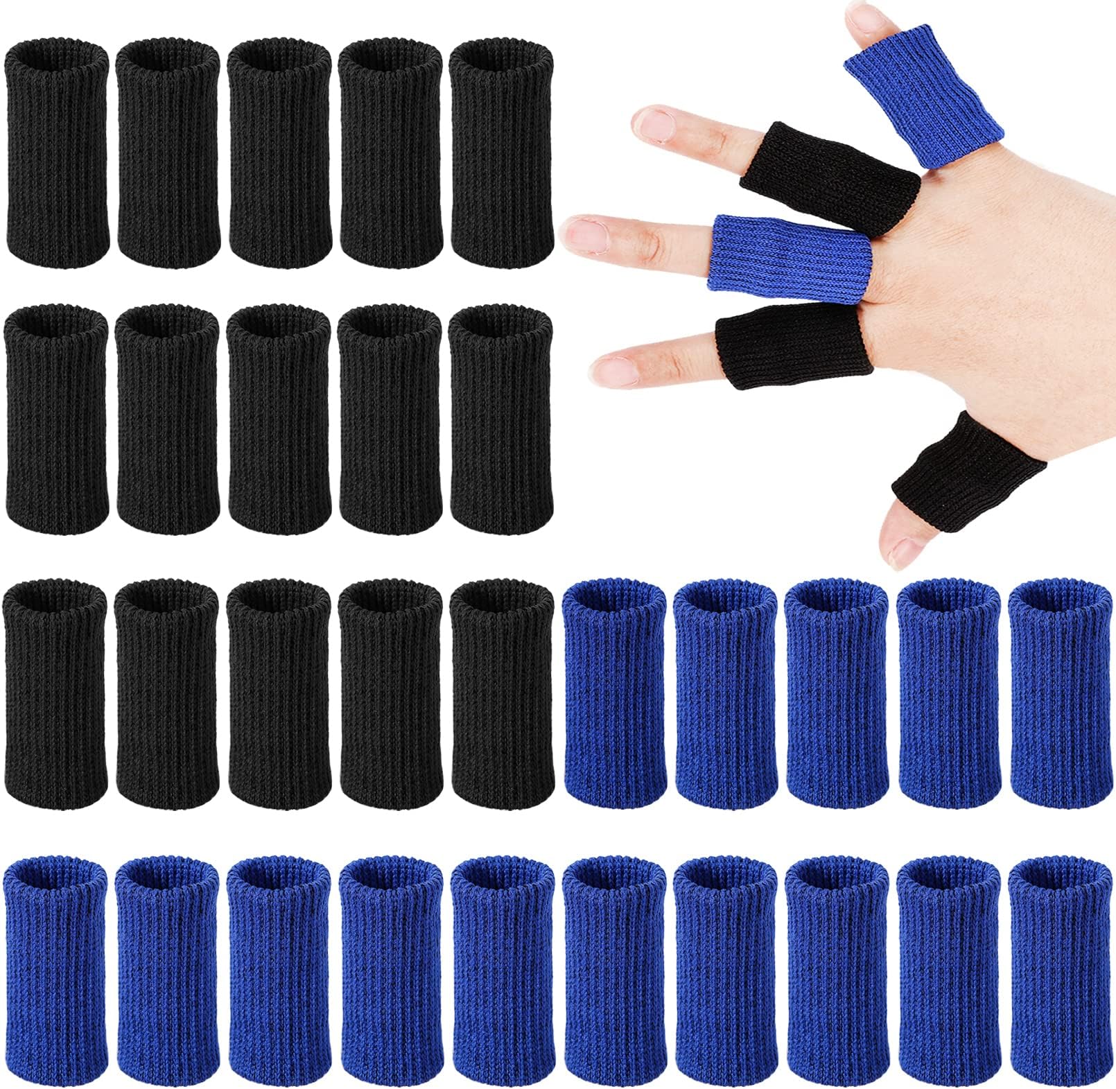 30 Pieces Finger Sleeves,Elastic Compression Protector with 1 Storage Bag,Finger Support Compression Sleeves,Elastic Thumb Sleeve,Finger Protector Sleeve for Relieving Pain Sports(Black + Blue)