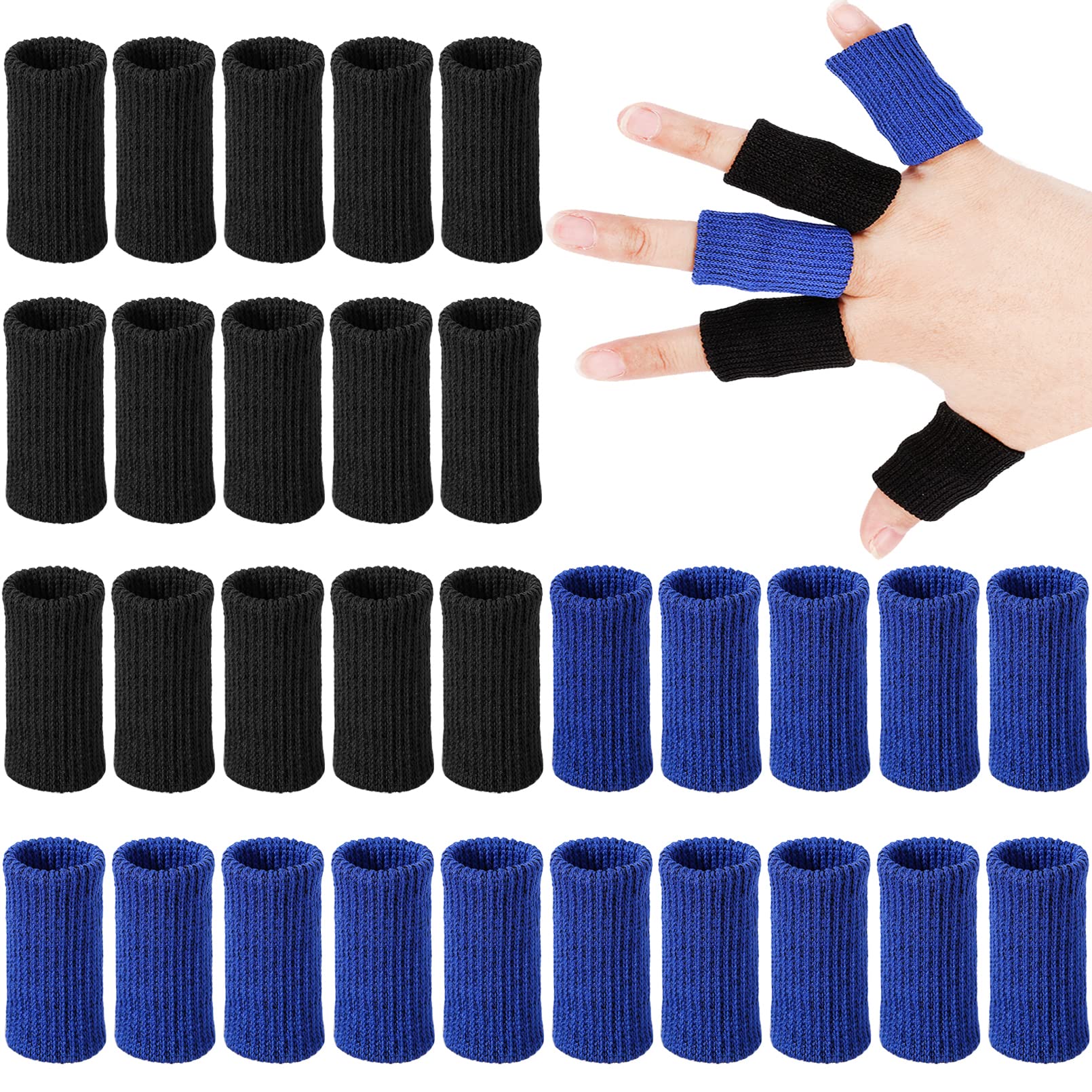 30 Pieces Finger Sleeves,Elastic Compression Protector with 1 Storage Bag,Finger Compression Sleeves,Elastic Thumb Sleeve,Finger Protector Sleeve for Relieving Pain Sports(Black + Blue)