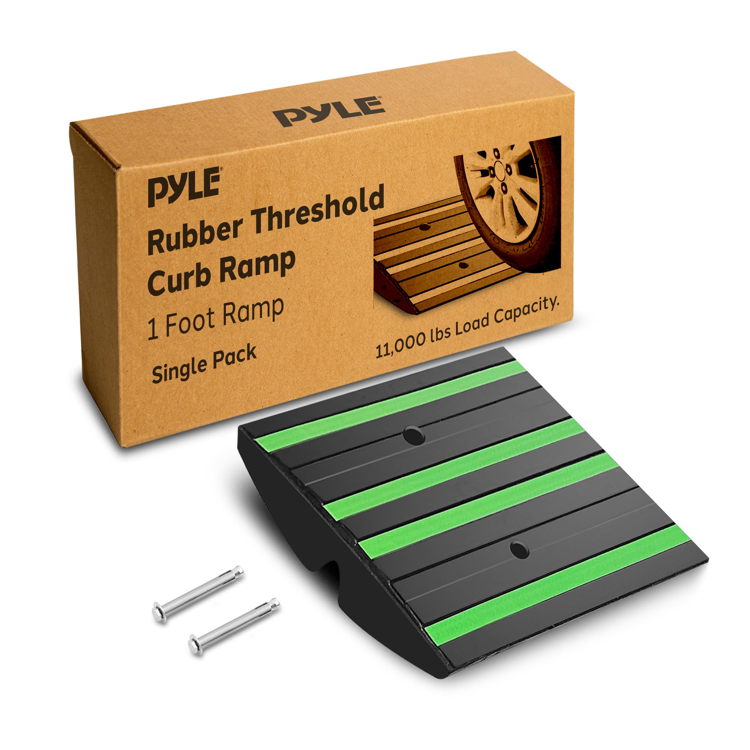 pyle 1 ft. rubber threshold curb ramp with green reflective strips, expansion screws for driveways, car & vehicle use, single wear-resistant non-slip rubber ramp, 12.0’’ x 16.0’’ x 2.6’’ inches