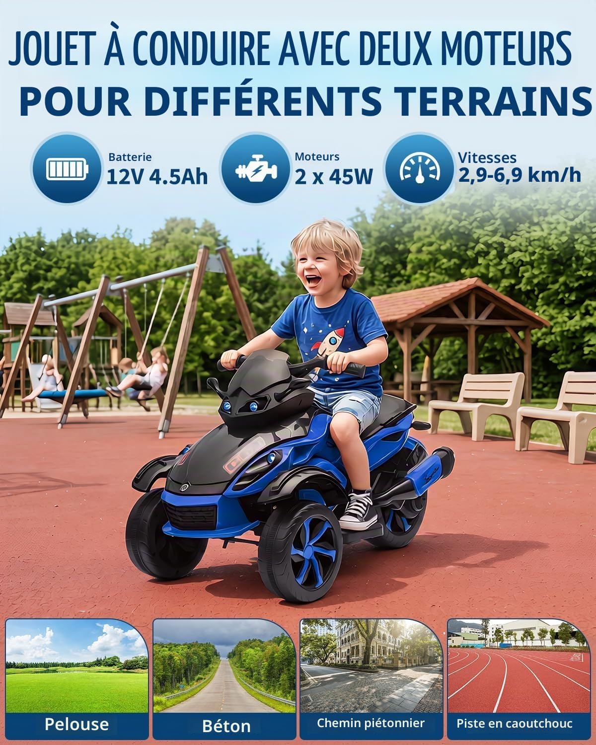 Garvee Quad Électrique Enfants 12V, Voiture Electrique Enfants, Moteurs Doubles 45W, Musique, Lumières LED, Autonomie, pour Enfants 3-8 Ans, Bleu