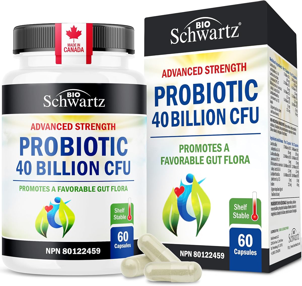 Probiotic 40 Billion CFU - Synbiotics Gut Health - Proudly Canadian Made - Bloating Relief & Digestive Health Support - Guaranteed Potency Probiotics for Men & Women - Shelf Stable, Non-GMO, 60ct