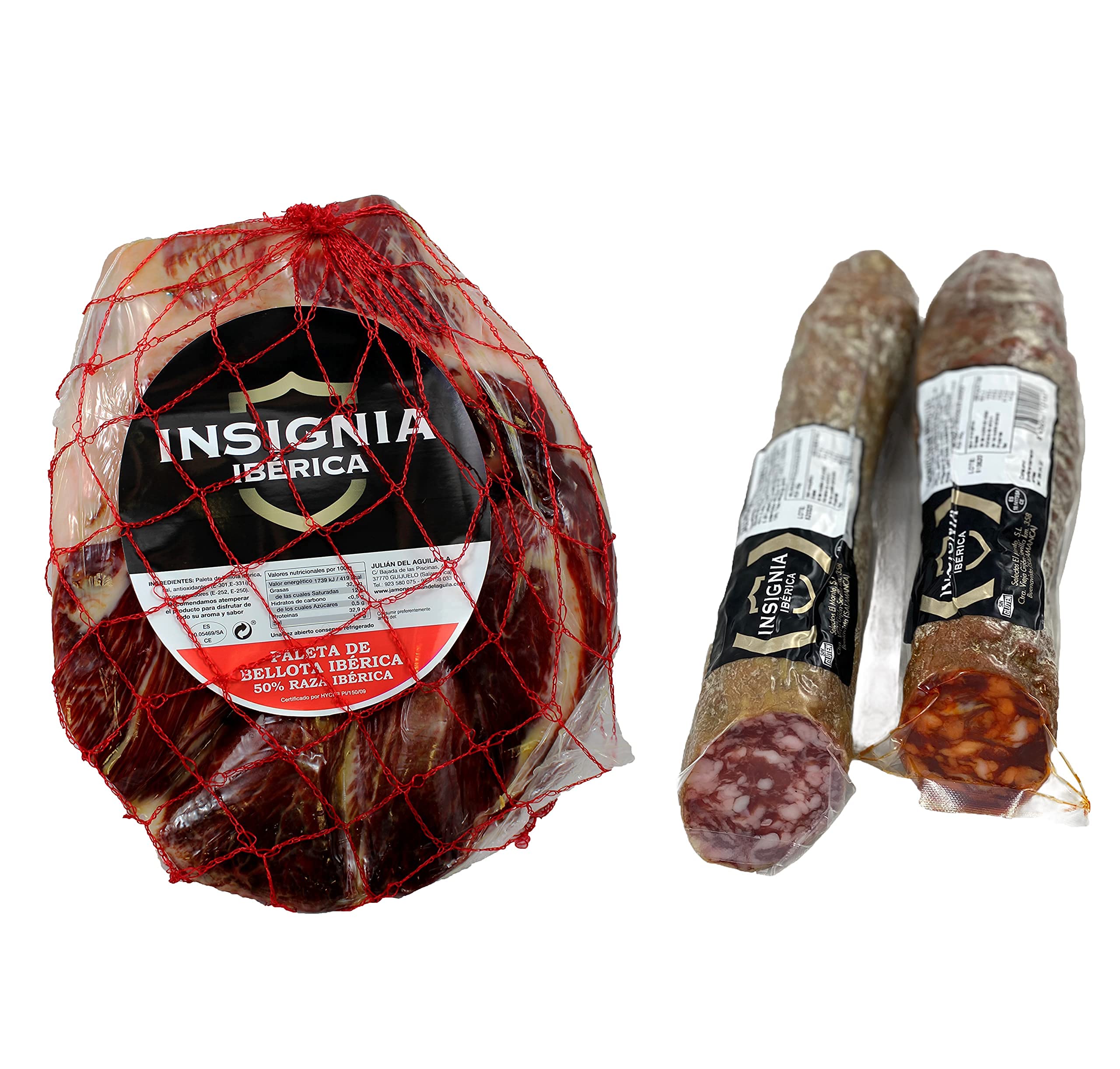2.5 Kg Jambon Iberique PATA NEGRA Bellota (épaule) Sans Os - De porcs ibériques nourris avec des glands et 100% naturel + Chorizo ibérique + Saucisse ibérique INSIGNIA IBERICA |