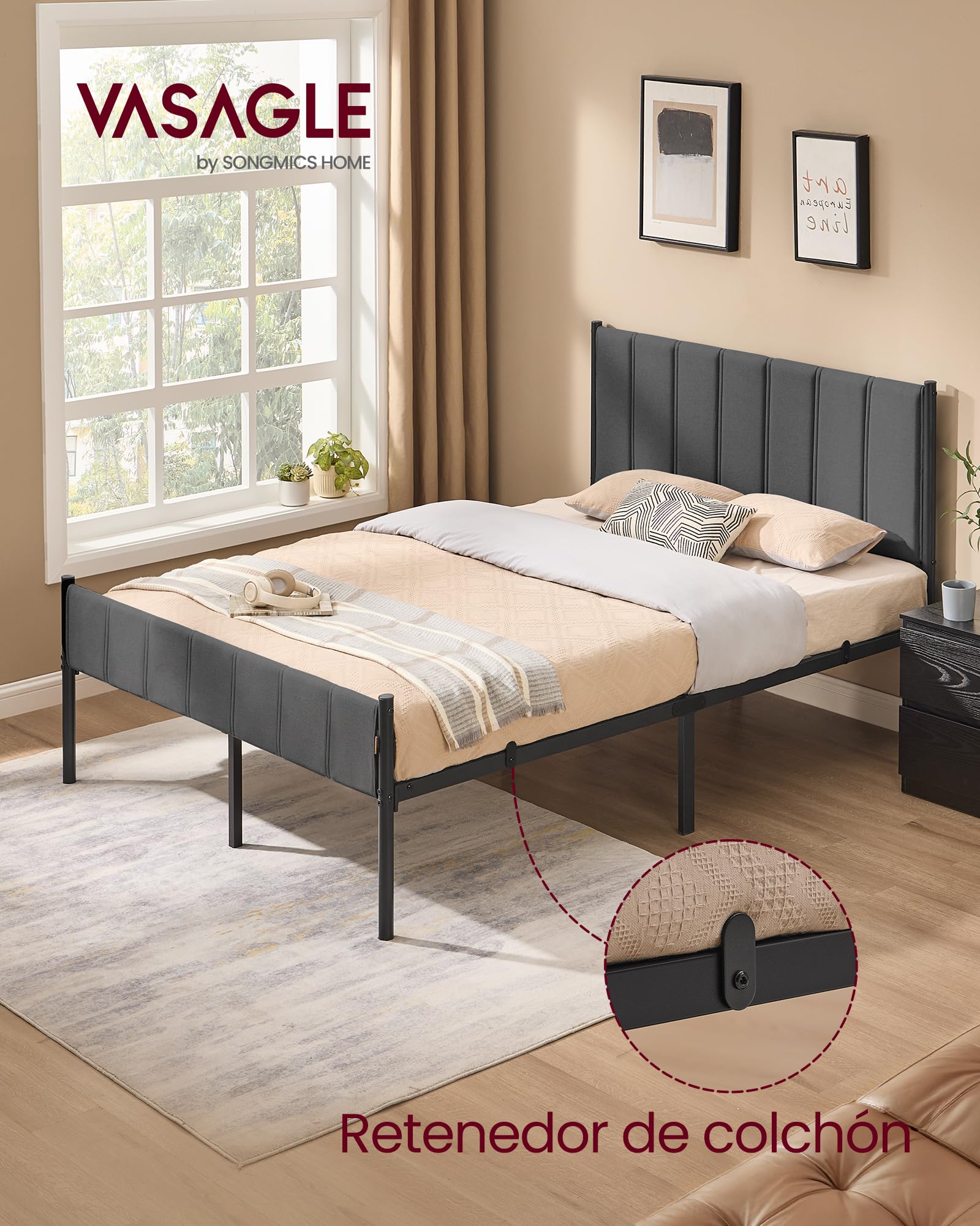 VASAGLE Marco de Cama Doble 135x190 cm Cabecero Tapizado Metal 500 kg Capacidad Peso Gris Pizarra