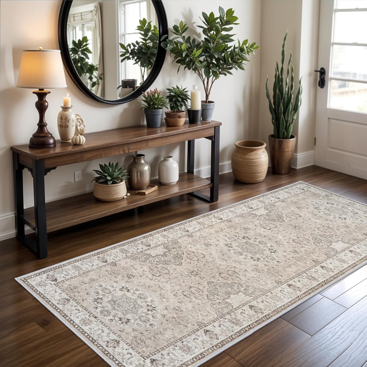 Washable Entryway 3x7 Runner Rug: Farmhouse Kitchen Hallway Rug Runner Wide Soft Water Resistant Floor Mat for Bathroom Nursery Non Slip Indoor Carpet for Living Room Bedroom Dining Room(3x7,Beige) 3' x 7' (Rectangular) Beige