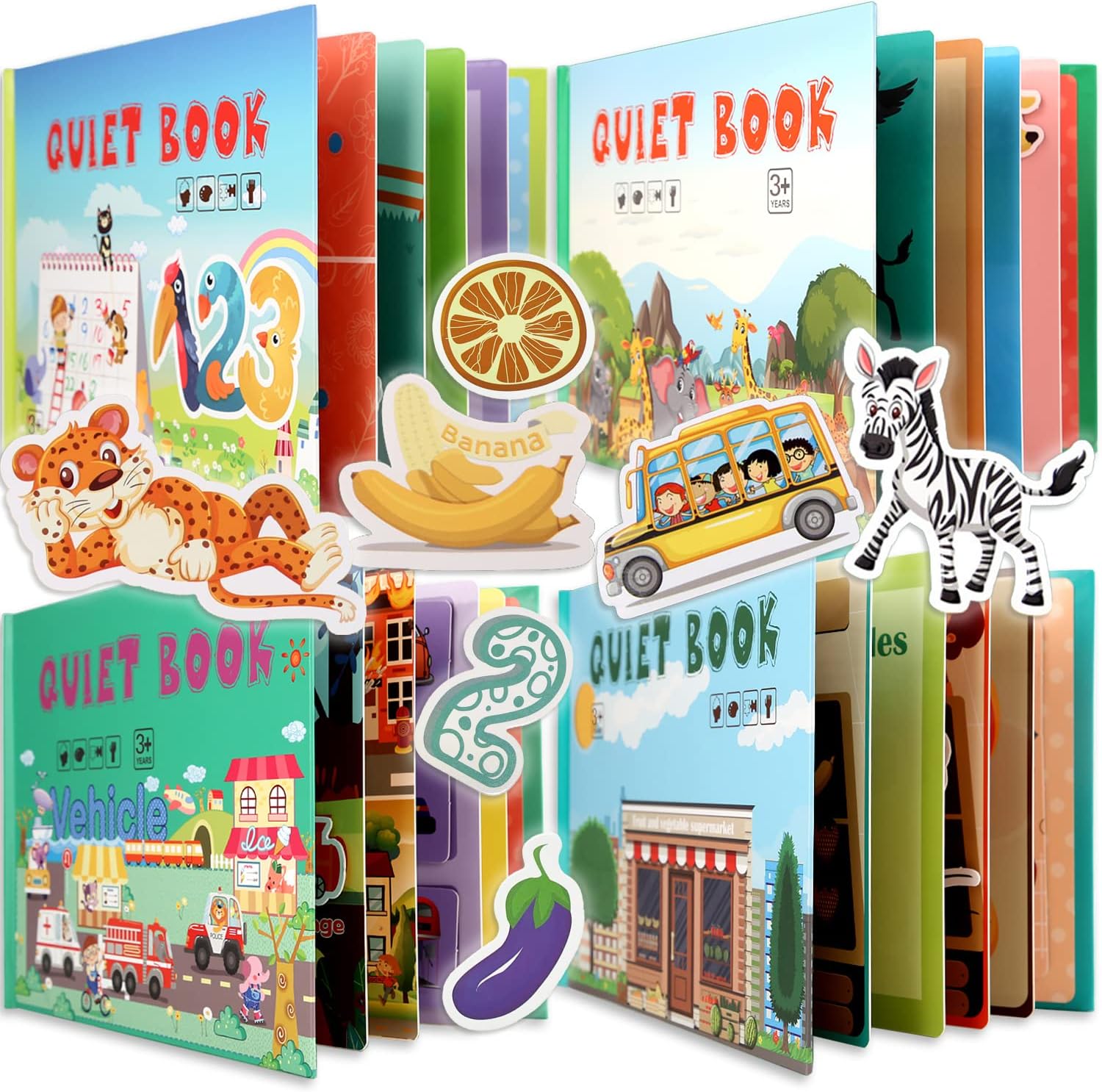 Aminy4 Subjects Montessori Quiet Book Busy Board for Toddlers, Toddler Travel Toys, Sensory Toddler Activities, Montessori Educational Toys for 2 3 4 Year Old Boys Girls Gift