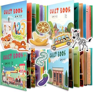 Aminy 4 Subjects Montessori Quiet Book Busy Board for Toddlers, Toddler Travel Toys, Sensory Toddler Activities, Montessori Educational Toys for 2 3 4 Year Old Boys Girls Gift