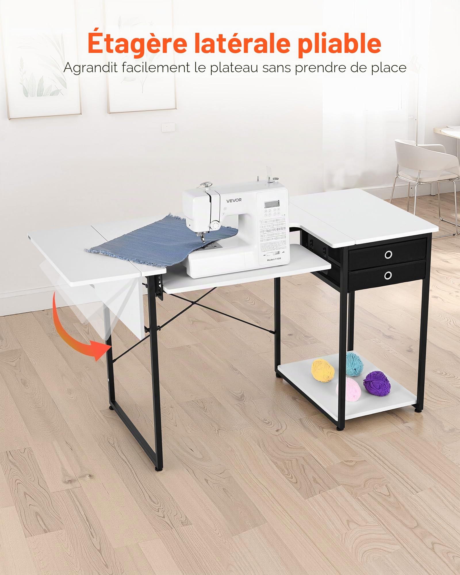 VEVOR Table de Couture, Pieds en Acier, Table pour Machine à Coudre Polyvalente avec tiroirs, Tablette latérale Pliable, étagère réglable, pour Maison, Studio d'art, établissement d'enseignement