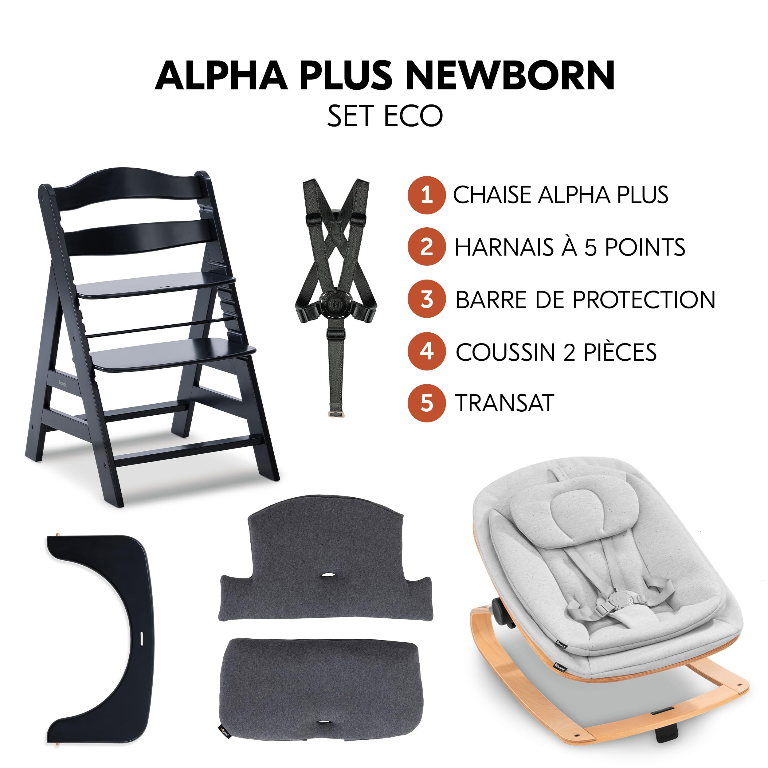 hauck Chaise Haute Bébé Alpha+ avec Siège Nouveau-né Eco – Black | Chaise haute évolutive en bois, de la naissance à 90 kg, inclus assise bébé ergonomique, coussin et harnais