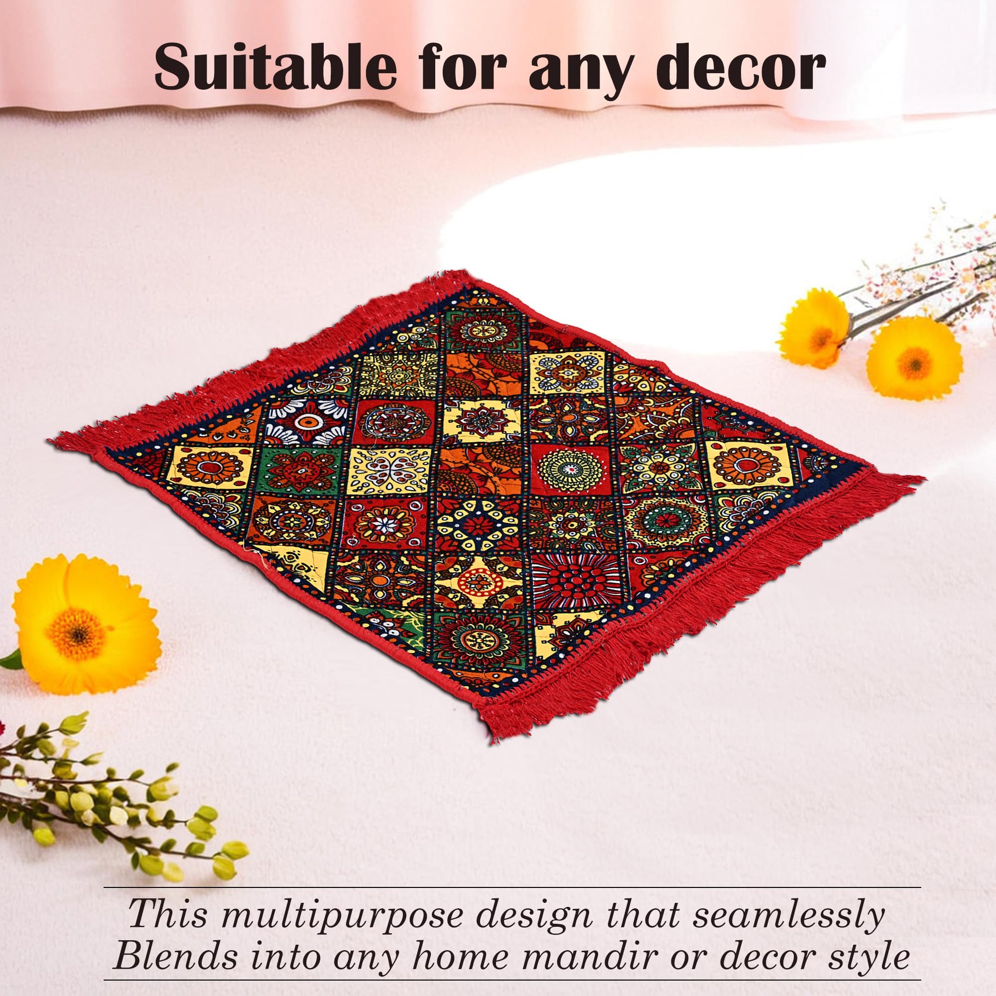 Kuber Industries Pack of 2 Velvet Finish Rectangular Pooja Mat for Sitting On Floor | Traditional Rangoli Print Aasan Puja Cloth for Home Mandir | Suitable for Prayer & Meditation | Red Rangoli