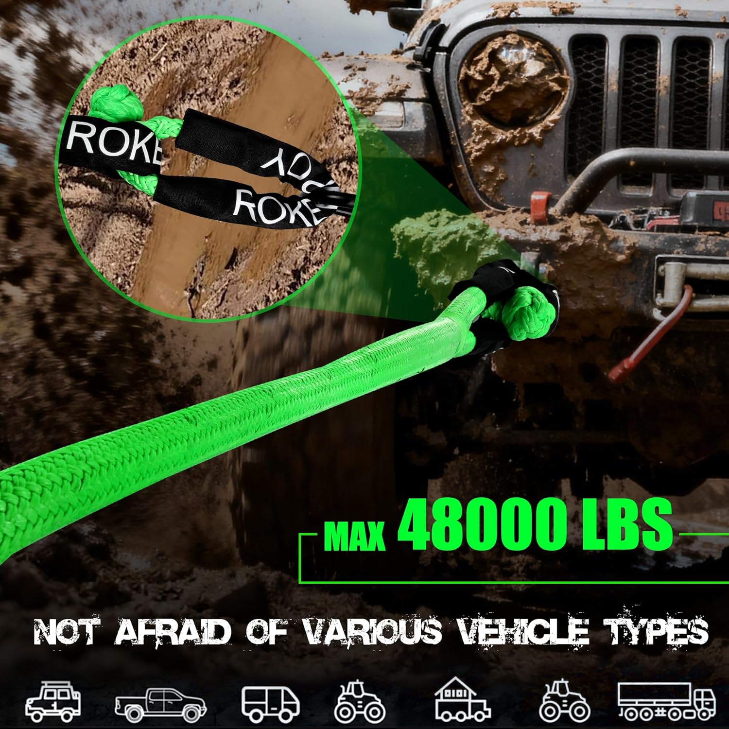 1" x 30ft Heavy-Duty Kinetic Recovery Rope(Reflective)，2 Soft Shackles,30% Elasticity Offroad Power Strap for Truck Jeep Car ATV UTV Tractor(48000Lbs)