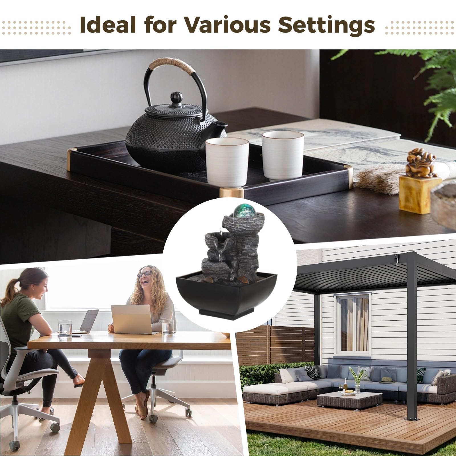 Tabletop Fountain with LED Light, Indoor Zen Meditation Fountain with Waterfall Function, 3-Tier Rock Water Fountain with Decorative Bubble Ball for Home Office Decor