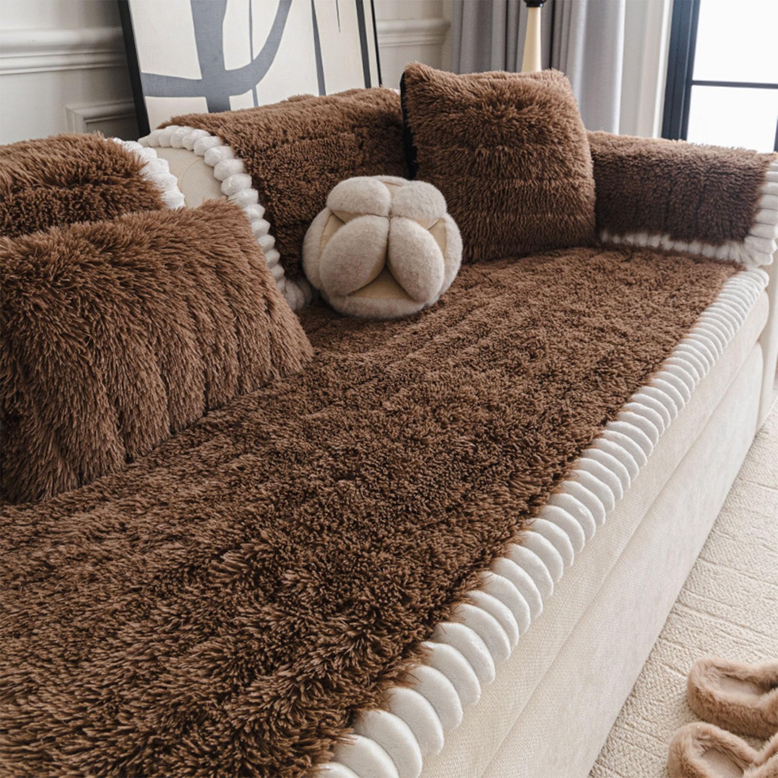 Housse de canapé en peluche fausse fourrure beige 110x240cm pour décoration salon
