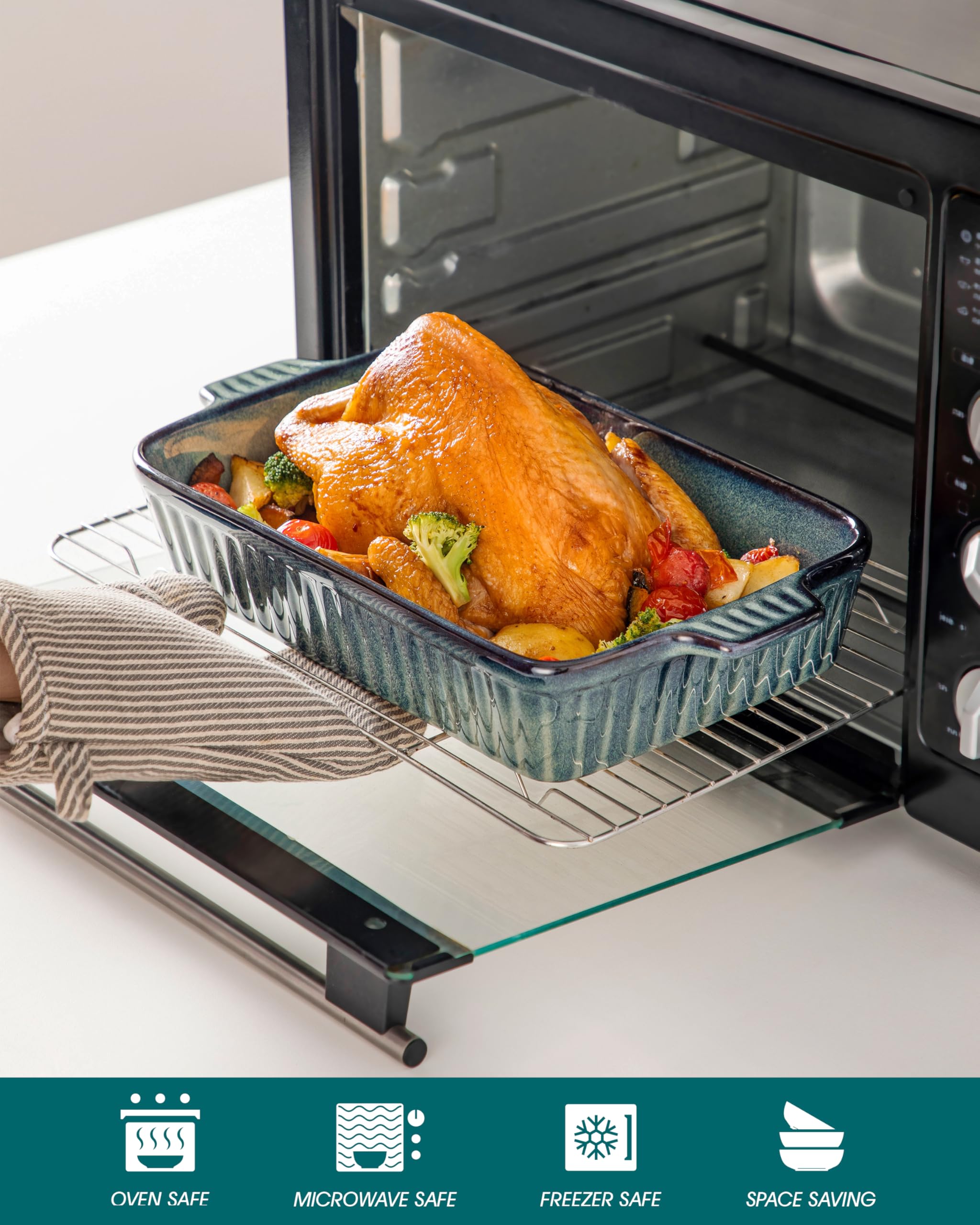 vancasso Auflaufform, 4-teilig Set Auflaufform Groß & Klein (37, 30, 28, 24 cm), Lasagne Auflaufform Rechteckig mit Griffen, Baking Dish aus Steingut Ofen & Spülmaschinenfest, Grün