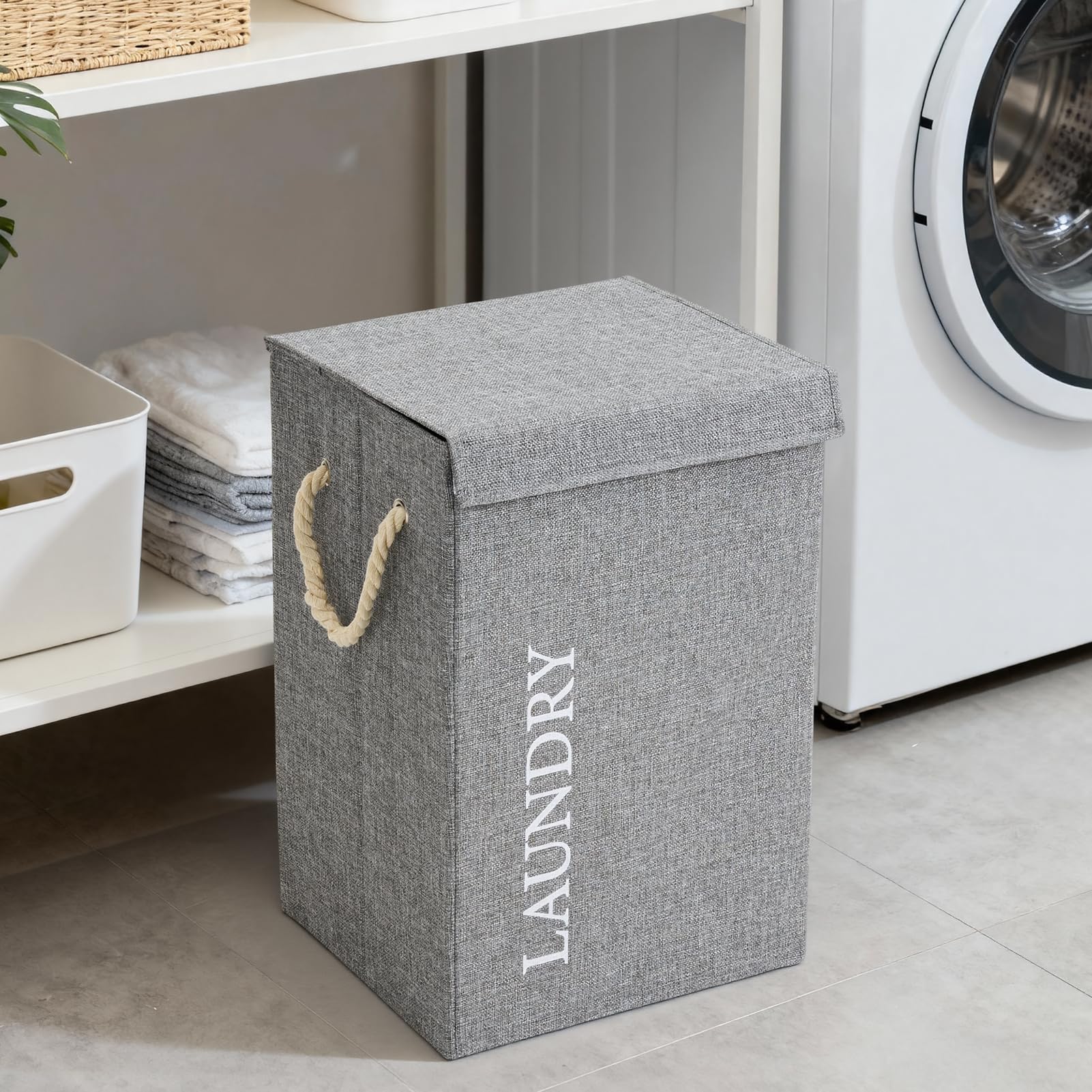 Warmiehomy Washing Baskets for Laundry Basket with Lid 65L Collapsible Laundry Basket Linen Laundry Hamper Clothes Basket with Handle for Bedroom, Bathroom,Grey,Style 2