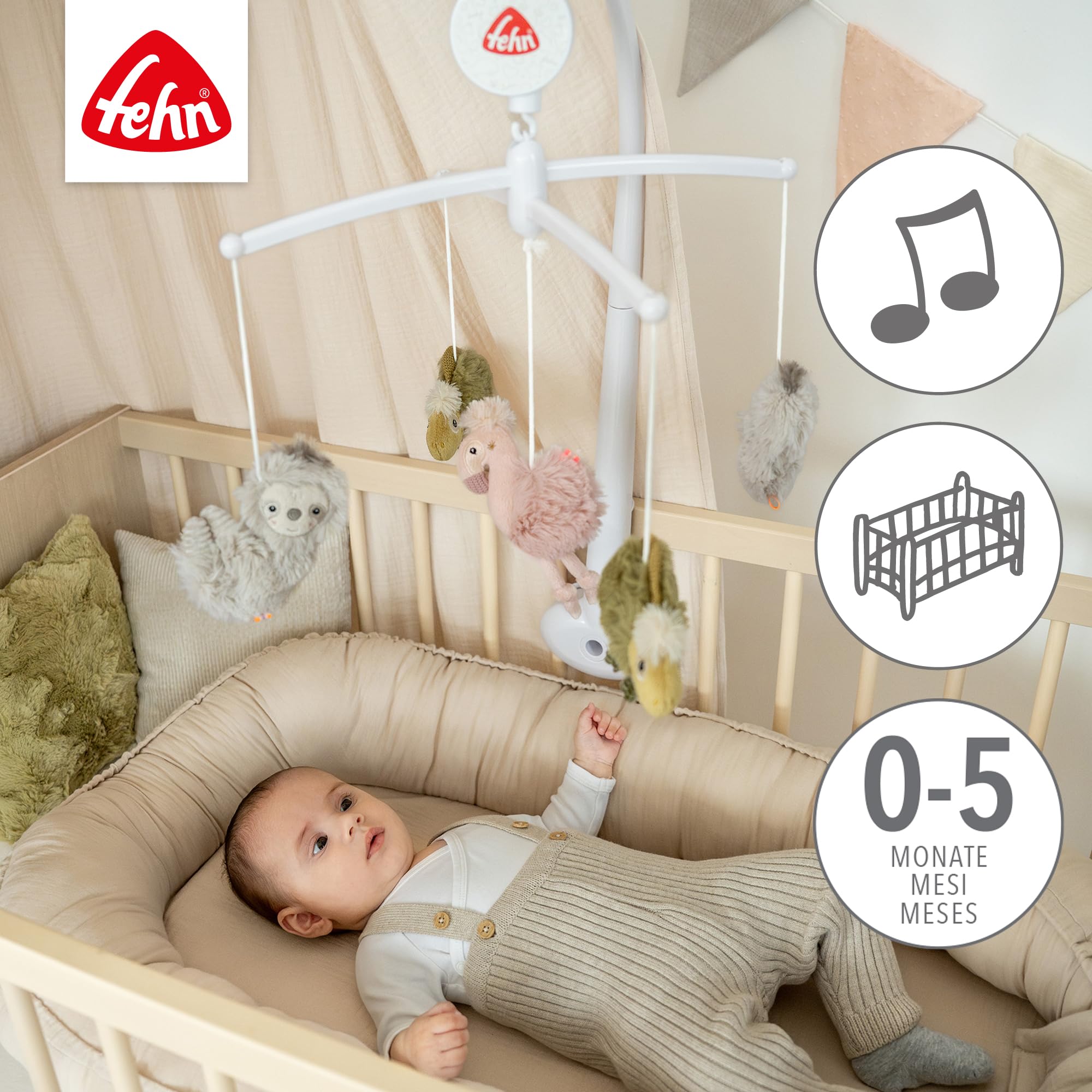 Fehn giostrina musicale Lazy, Crazy, Pink - mobile da appendere con melodia musicale ninna nanna di Brahms e personaggi per calmare e intrattenere - Con fissaggio al letto per bambini da 0 a 5 mesi