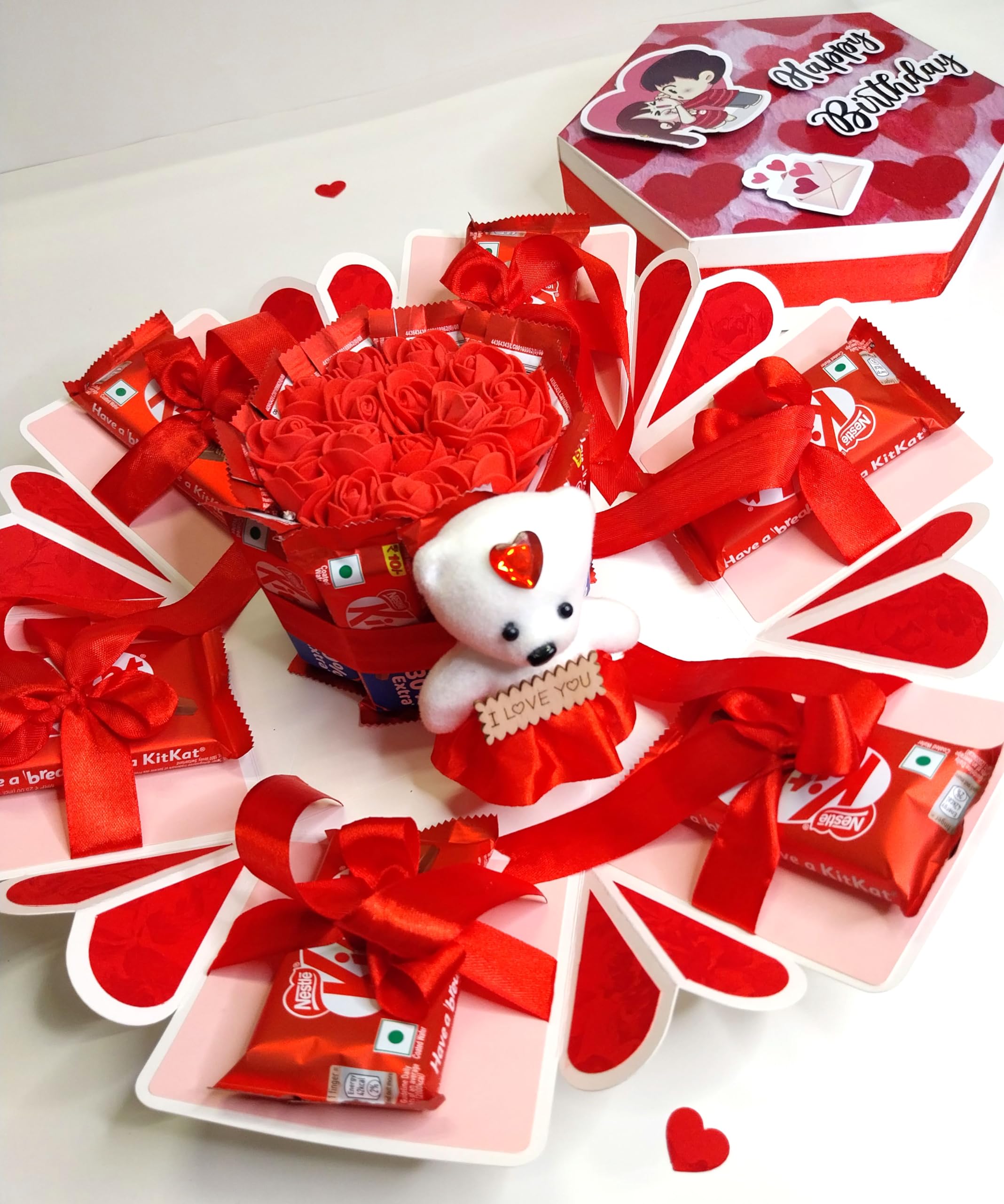 US IDEAL CRAFT Hexagon Explosion Gift Box with Chocolate, Teddy & Rose Decoration | Handmade Birthday Surprise Box for Loved Ones