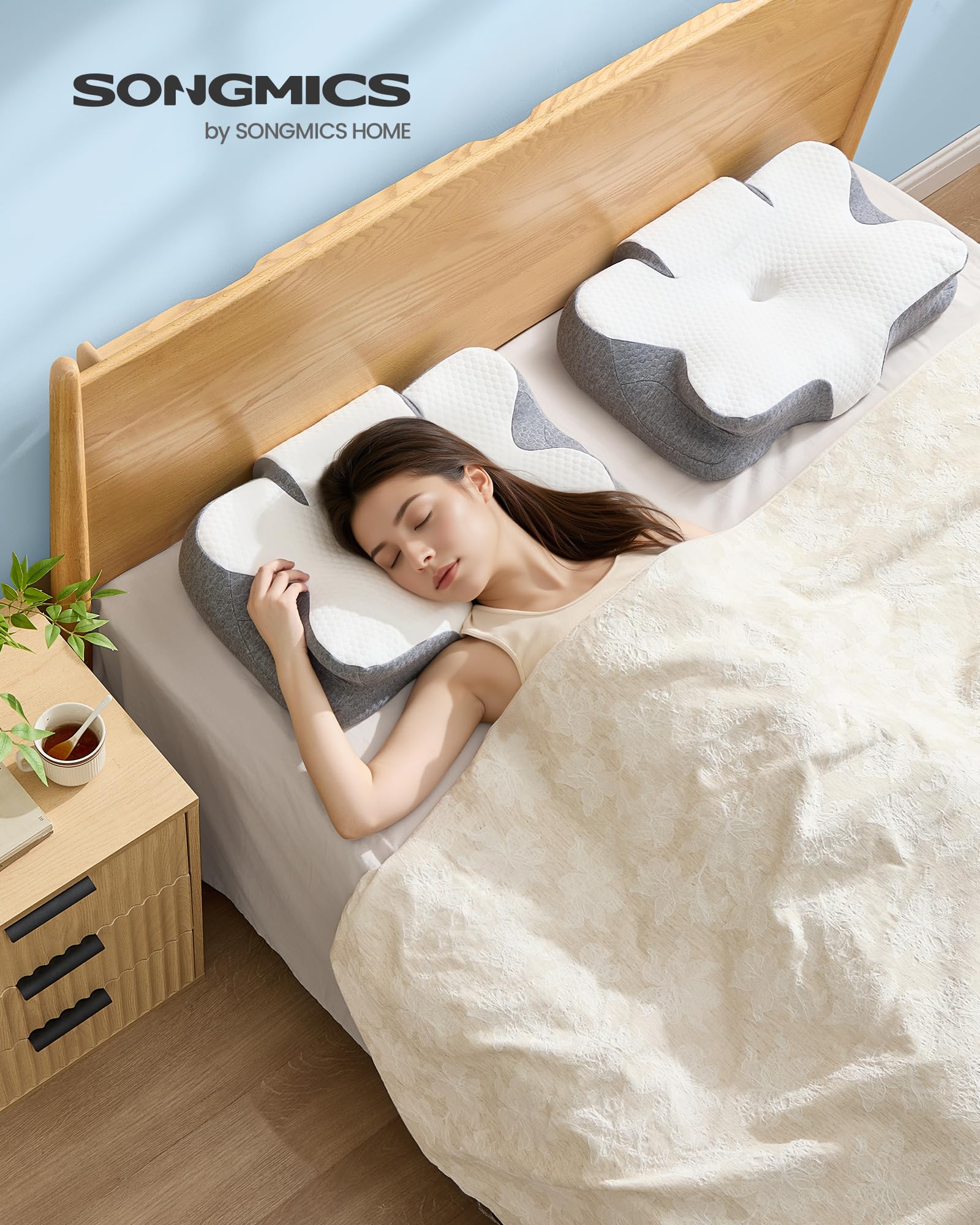 SONGMICS Kopfkissen, Kissen ergonomisch, Nackenkissen, höhenverstellbar, Schlafkissen, Memory Foam Kissen, für Seitenschläfer, Rückenschläfer & Bauchschläfer, wolkenweiß-Taubengrau TBP051GZ02