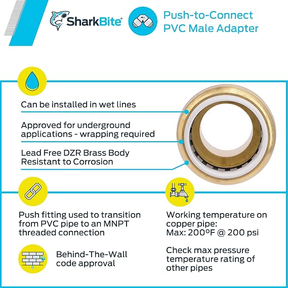 SharkBite 1 Inch PVC x 1 Inch MNPT Adapter, Push to Connect Brass Plumbing Fitting, PEX Pipe, Copper, CPVC, PE-RT, HDPE, UIP140A