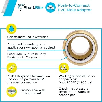 SharkBite 1 Inch PVC x 1 Inch MNPT Adapter, Push to Connect Brass Plumbing Fitting, PEX Pipe, Copper, CPVC, PE-RT, HDPE, UIP140A