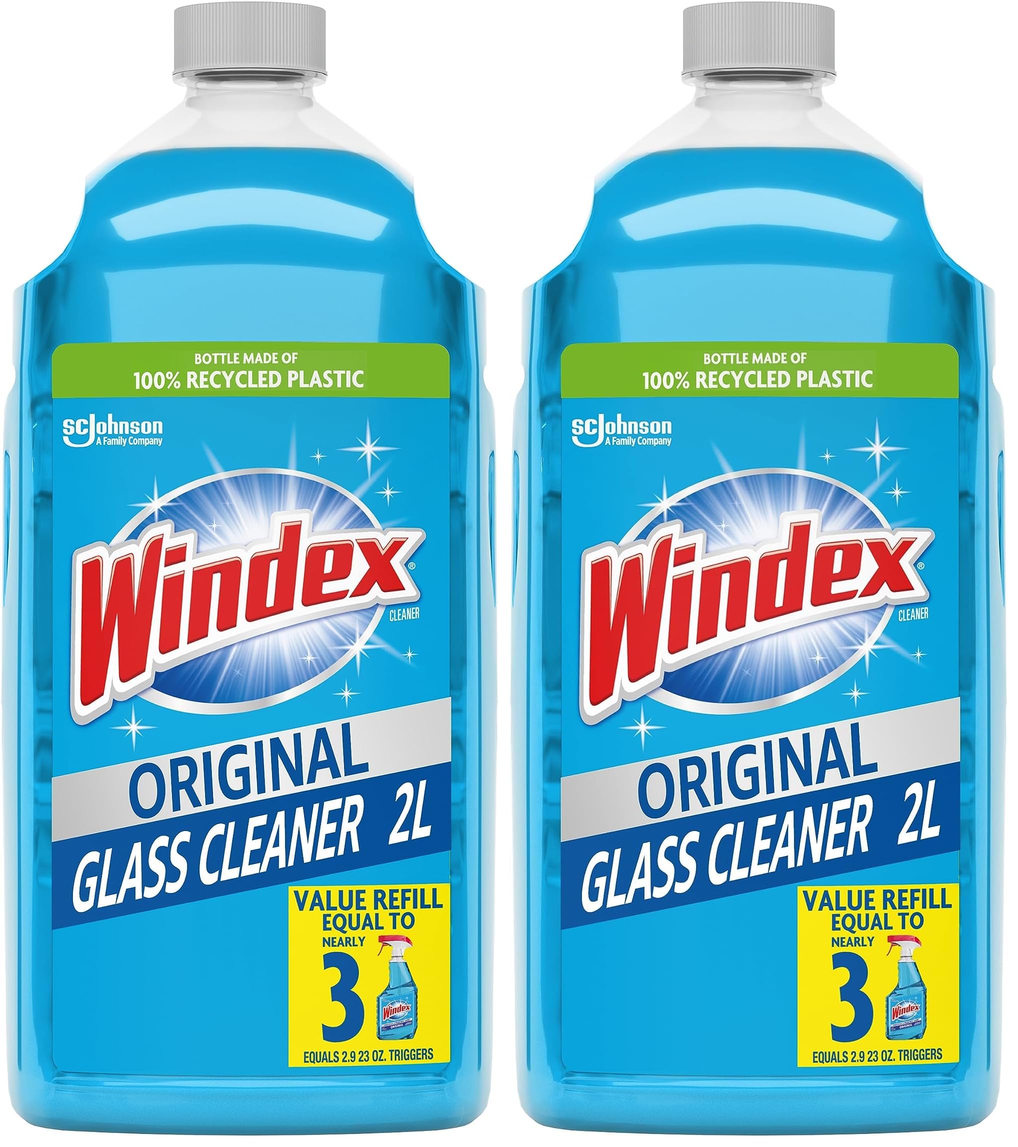 Windex Glass Cleaner Spray Refill, Original Blue Window Cleaner Works on Smudges and Fingerprints, Bottle Made from 100% Recovered Coastal Plastic, 2L (Pack of 2)