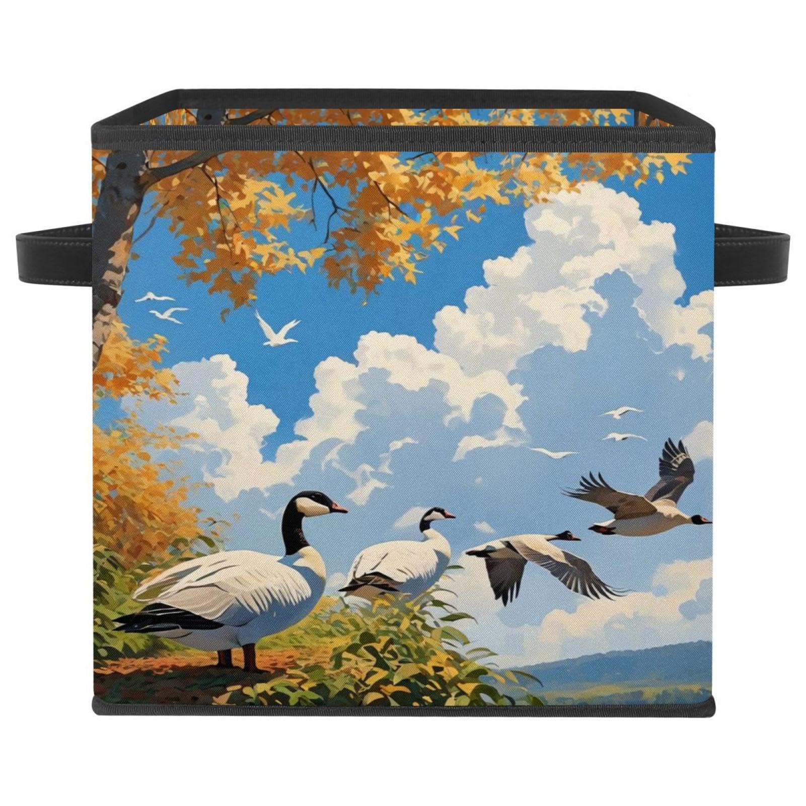Panier de rangement maison pliable avec poignées cuir et motif oies sauvages 27x26x27 cm