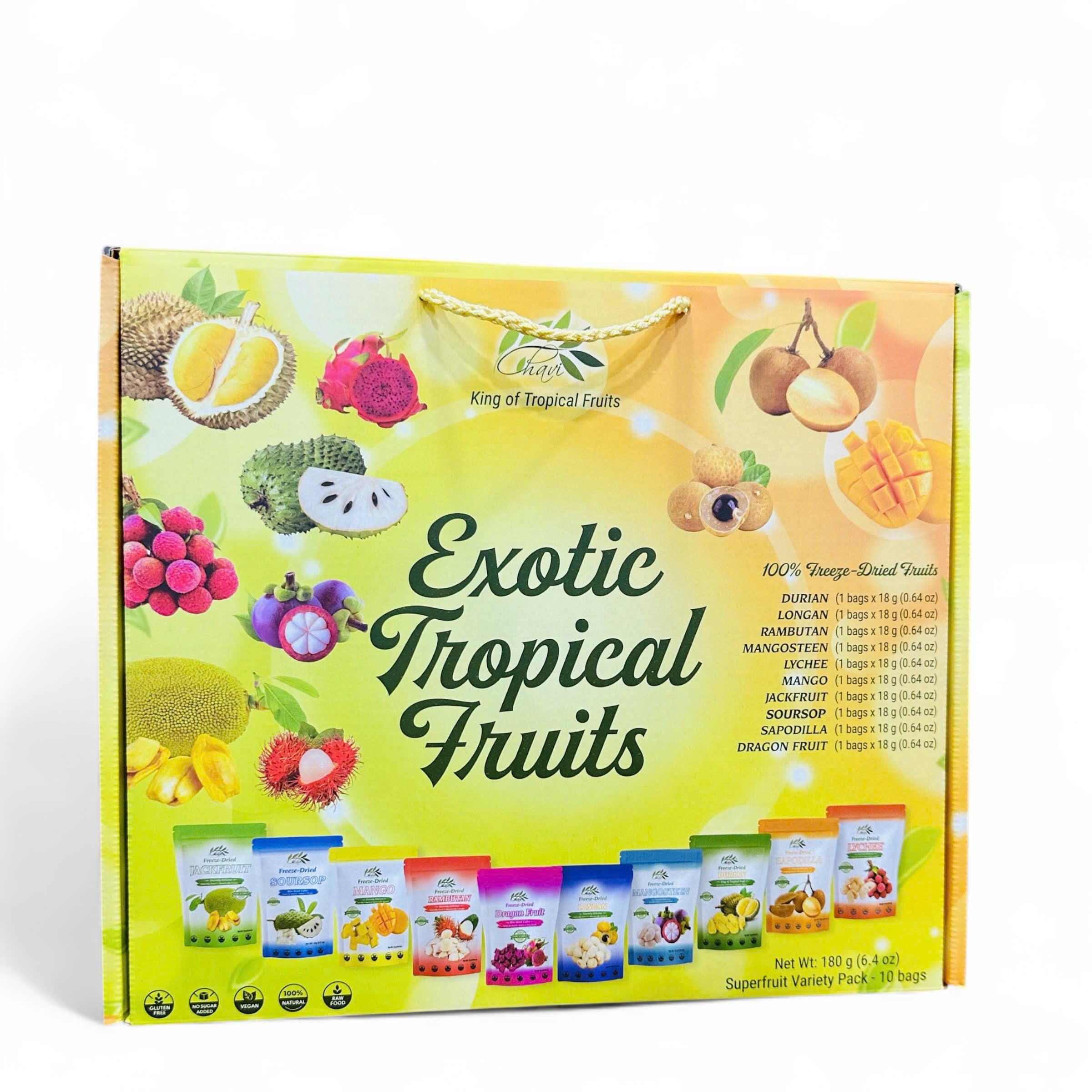 CHAVI Freeze Dried Exotic Tropical Fruits | Pack of 10 | Gift Box - No Added Sugars or Preservatives - Non-GMO, Vegan, Gluten-Free | 180 g | 6.4 oz