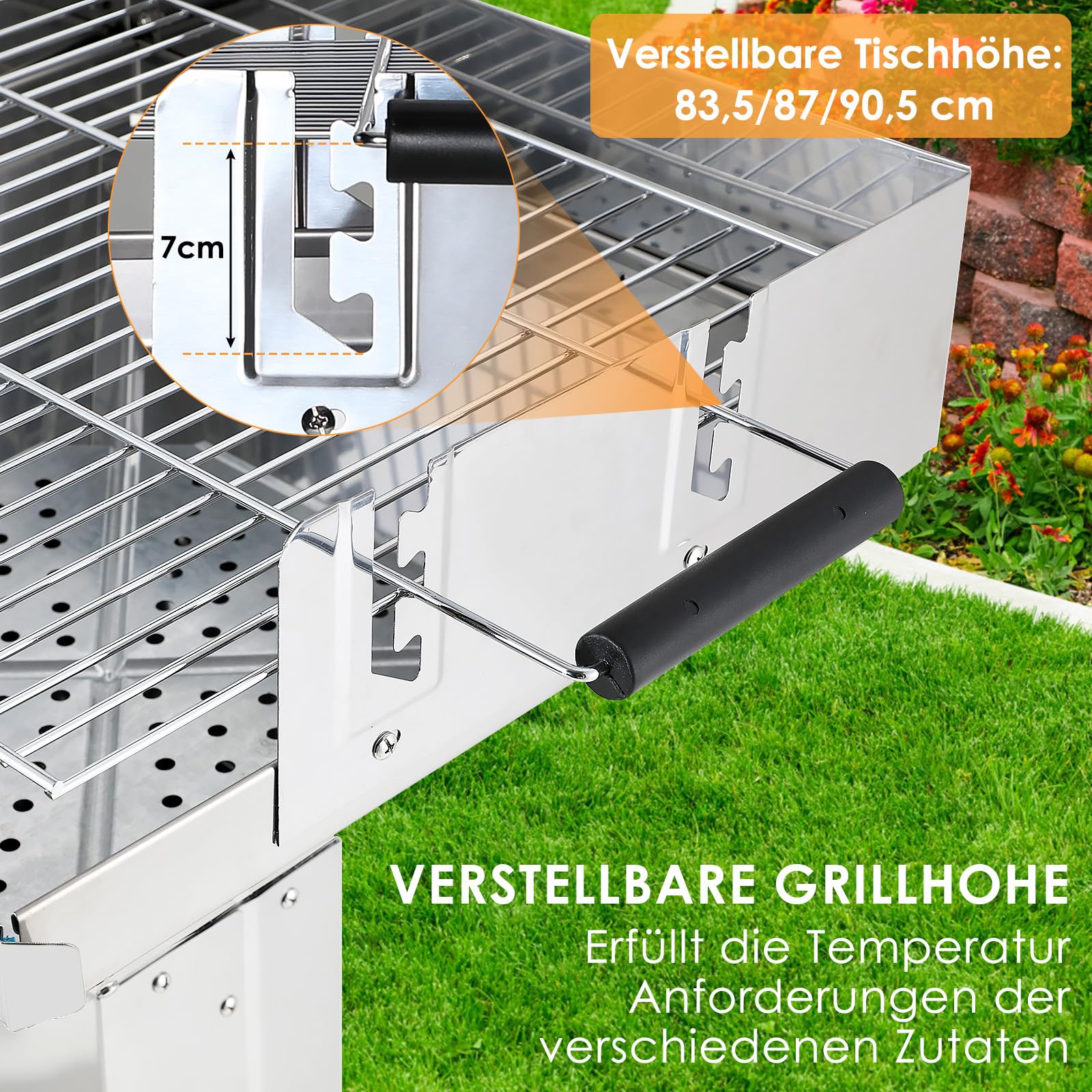 TLGREEN Barbecue a colonna in acciaio inox 63x48x92cm con griglia cromata e altezza regolabile