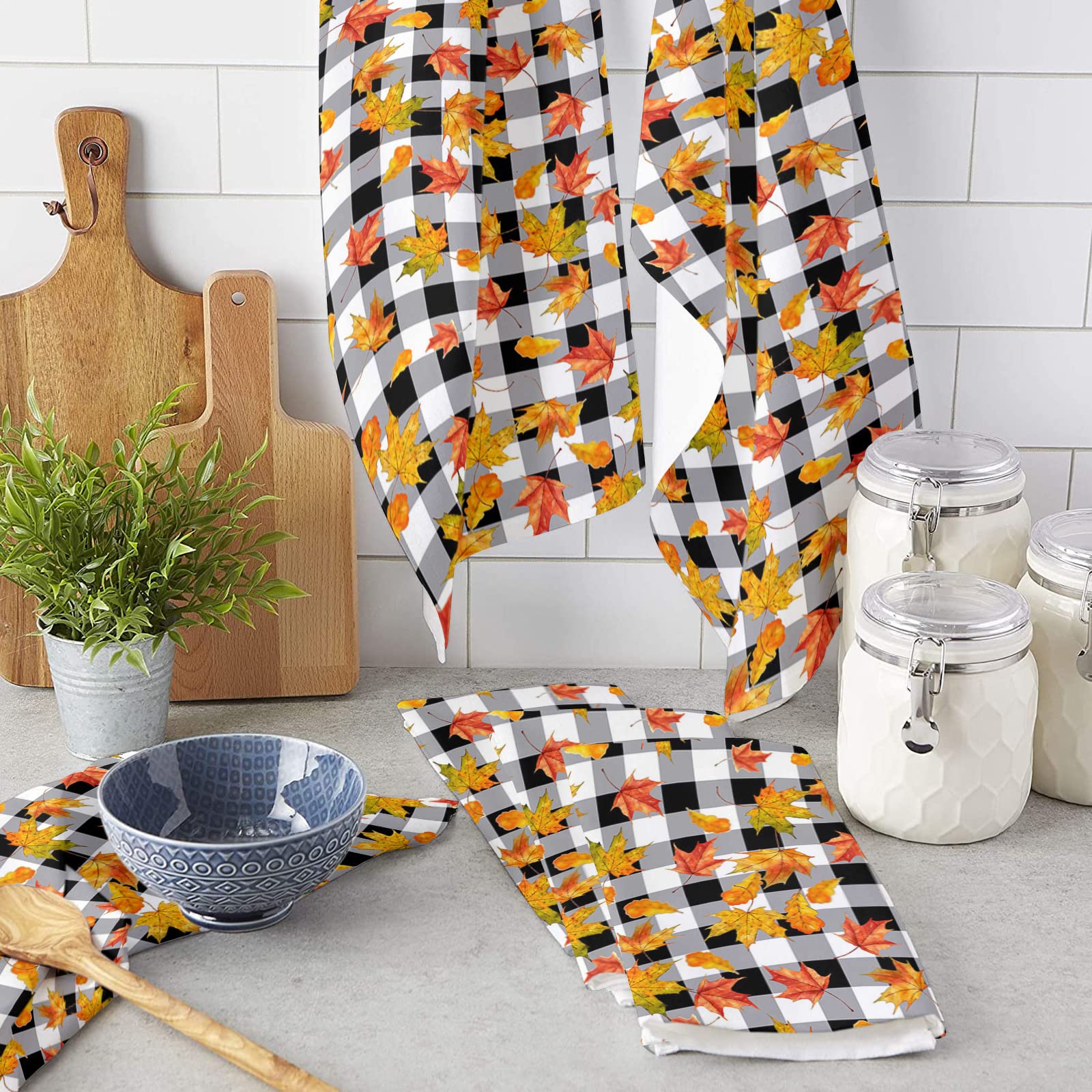 Juego De 2 Paños De Cocina Con Diseño De Gato Y Hojas De Arce - 42x65 Cm, Suaves Y Muy Absorbentes