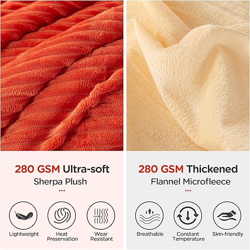 Miniatura 3 de Juego de edredón reversible de 3 piezas de color naranja quemado, juego de edredón de terciopelo a rayas terracota estético con pompones de