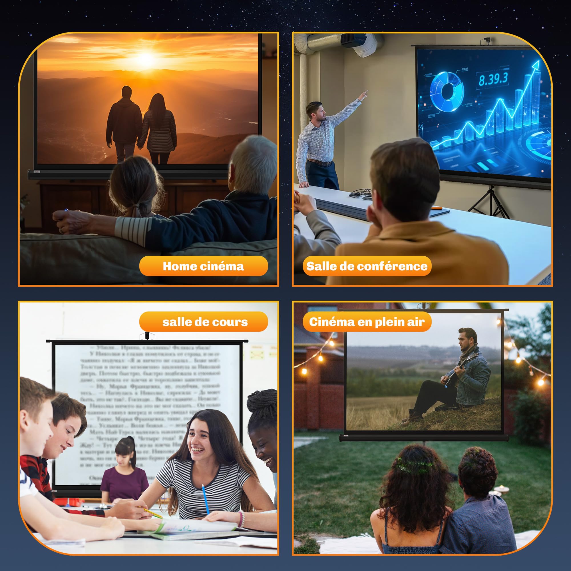 HOMCOM Écran de Projection avec Trépied Pliable 84 Pouces 4K HD 4:3, 180L cm, Écran Vidéoprojecteur, Hauteur Réglable, Angle de Vision 160°, pour Home Cinéma, Films en Intérieur/Extérieur, Noir