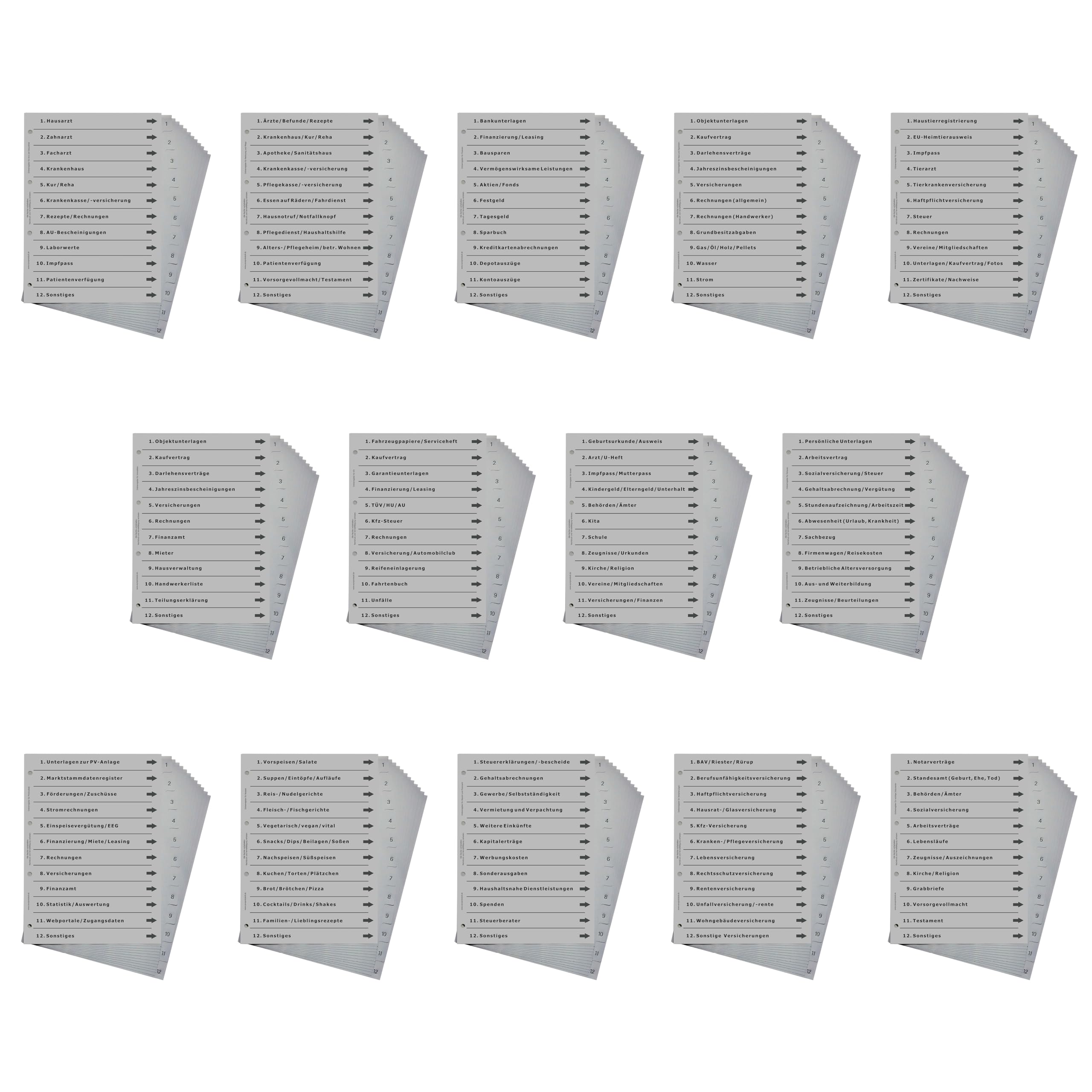 14er Komplett-Set Ordnerregister für Ordnung in allen Bereichen wie z.B. Gesundheit, Pflege, Finanzen, Eigenheim, Haustiere, Immo, Kfz, Kinder, Personal, PV, Rezepte, Steuern, Vers., Dokumente