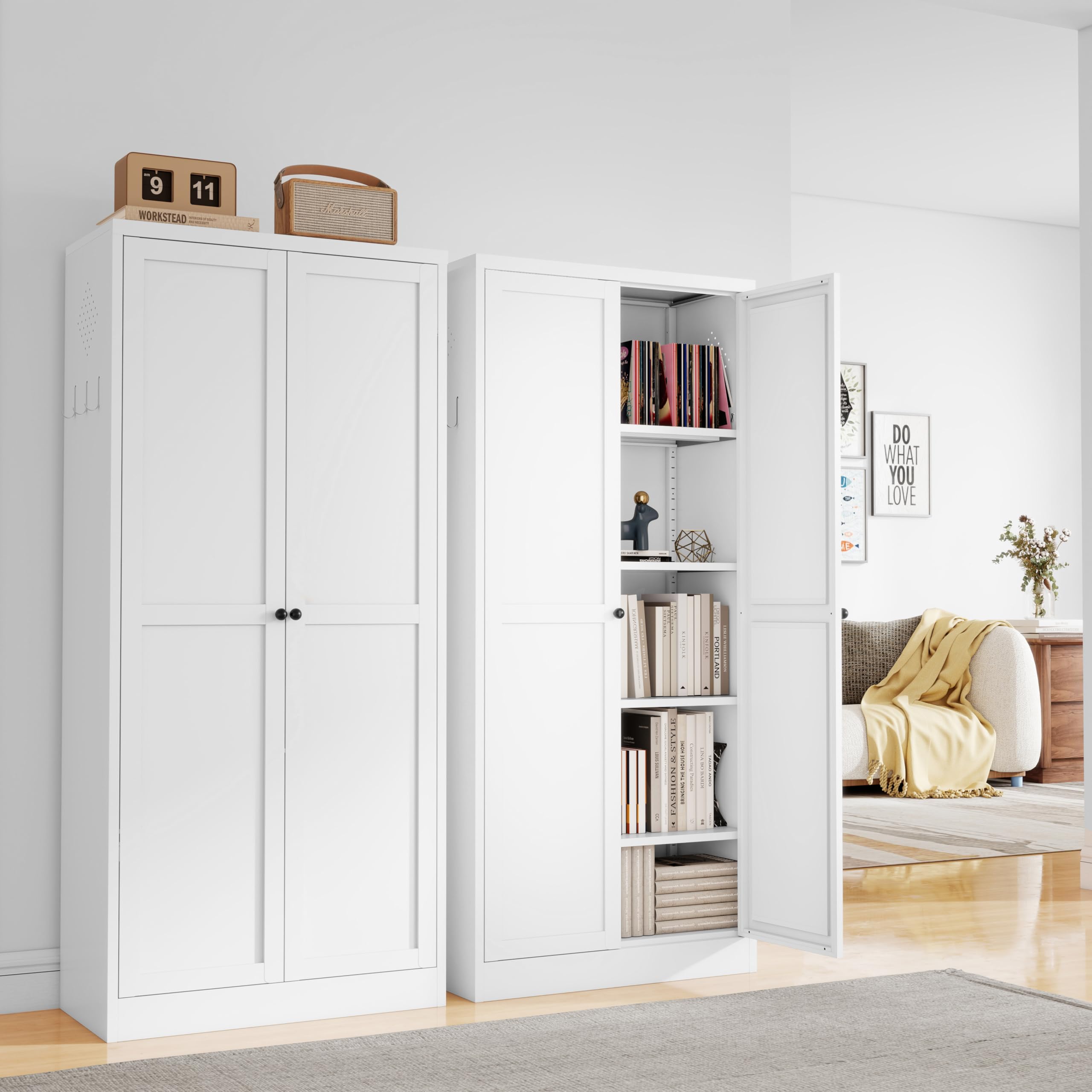61" H White Metal Kicthen Pantry Storage Cabinet 5-Tier Cupboard