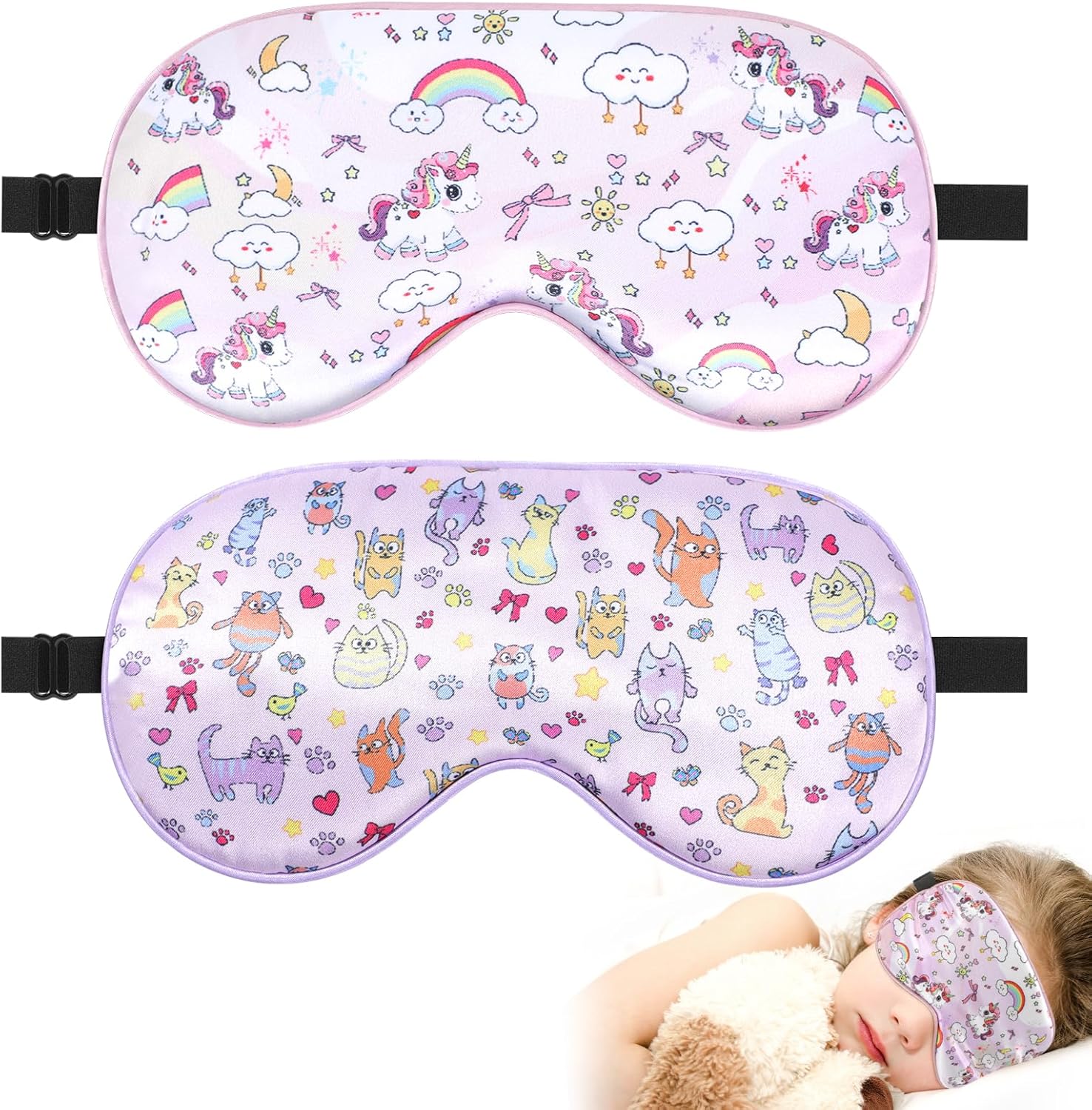 2 Pcs Sleep Mask for Kids Girls, Silk Eye Covers for Sleeping, Adjustable Strap & Light Blocking Design, Children’s Bedtime Blindfold for Travel and Home Use (Rainbow Unicorn)