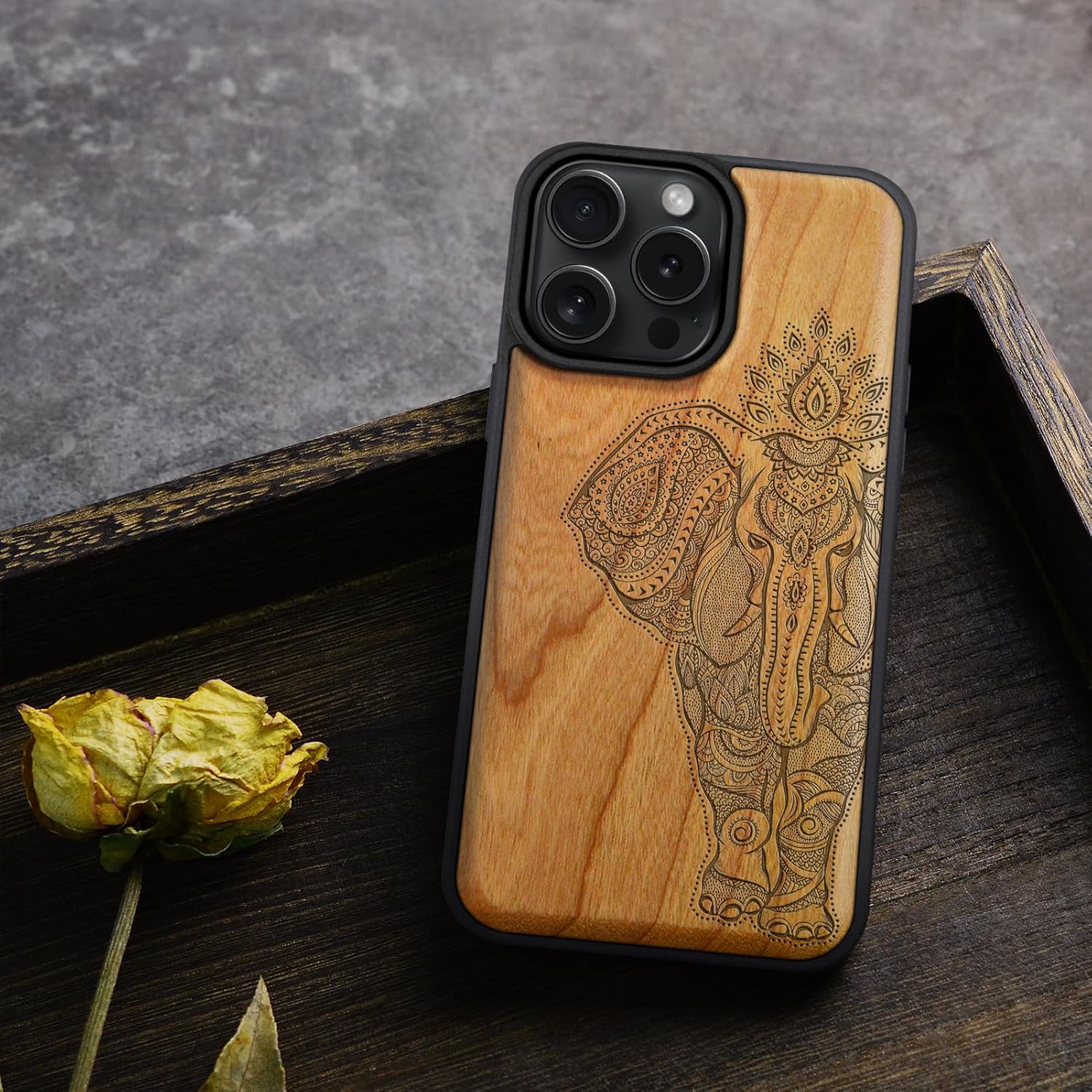 Carveit Magnetic Wooden Case for iPhone 16 Pro Case, Wood Artisan Engraved & Black Soft TPU Shockproof Cover, Compatible with MagSafe Wireless Chargers (Indian Lotus Elephant) Cherry