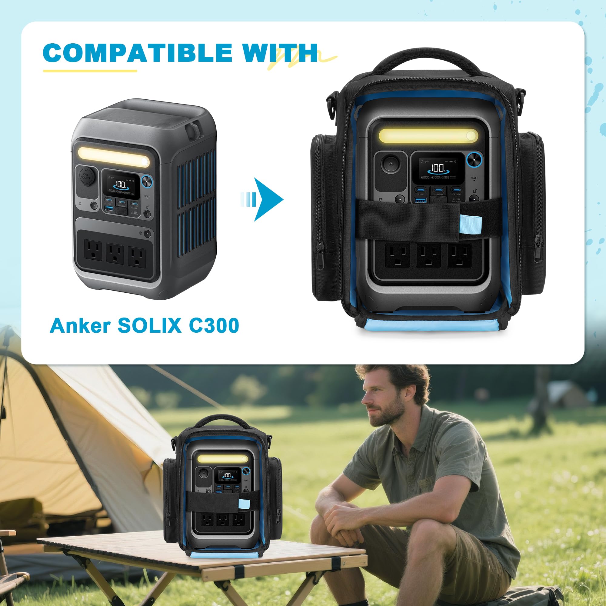 Trunab Torba kompatybilna z Anker SOLIX C300 Portable Power Station, outdoorowa torba generatora słonecznego z wieloma przegródkami, na kemping, w podróż i w sytuacjach awaryjnych