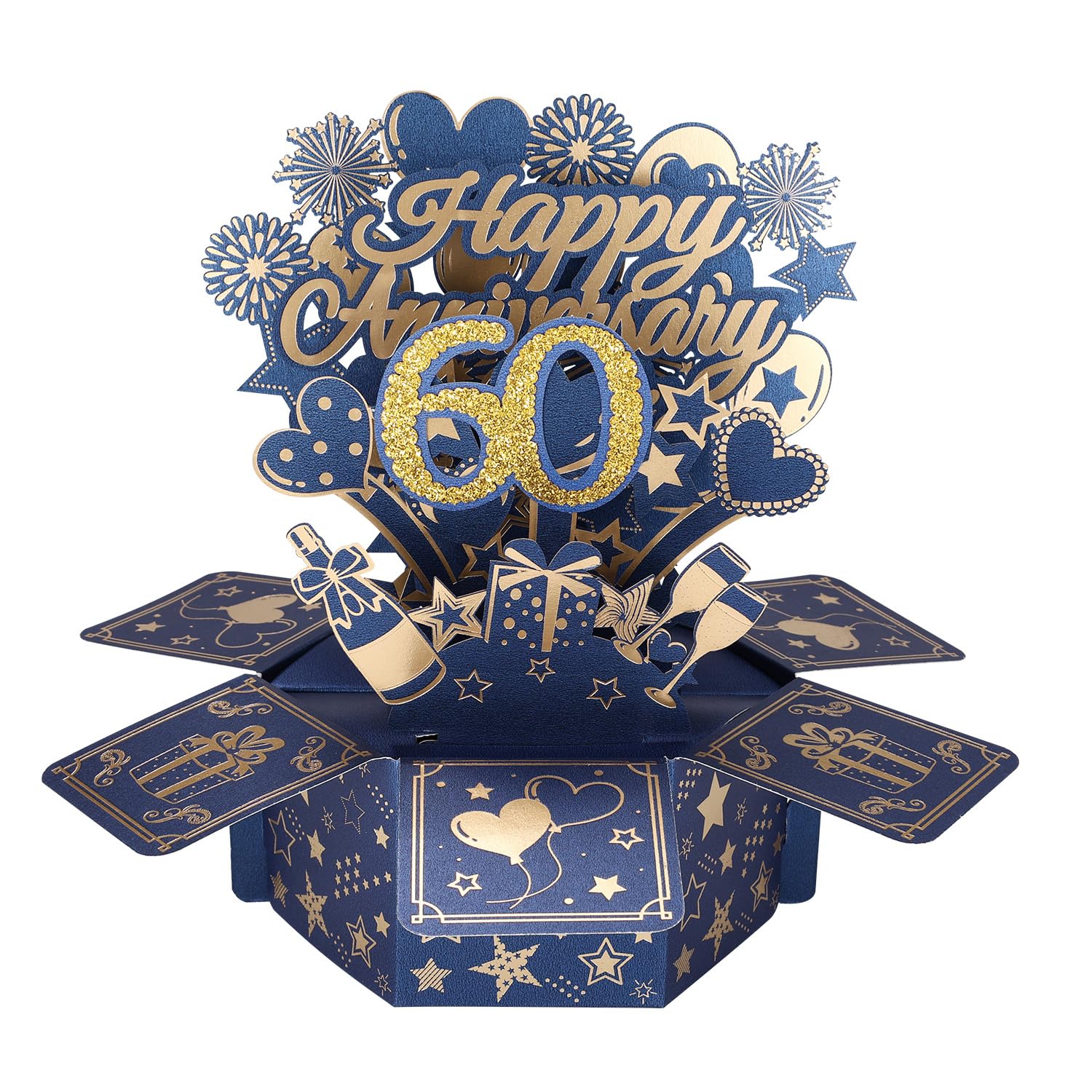 60th Happy Anniversary Pop Up Card with Golden Envelope, 3D Wedding Anniversary Card Creative Pop-up Box for Couples Husband Wife Keepsake Present