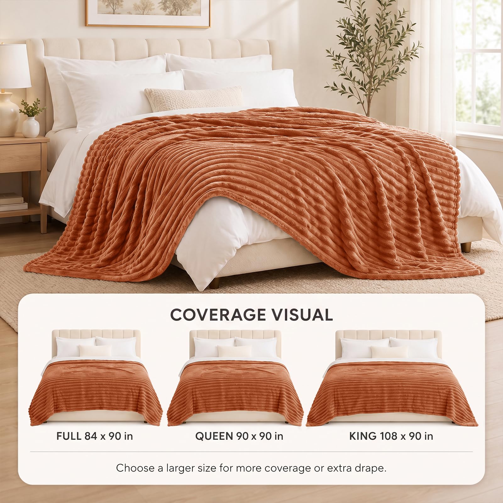 HIMEET Burnt Orange Full Blanket for Bed, 300GSM Ribbed Fleece, 84 x 90 in view 3