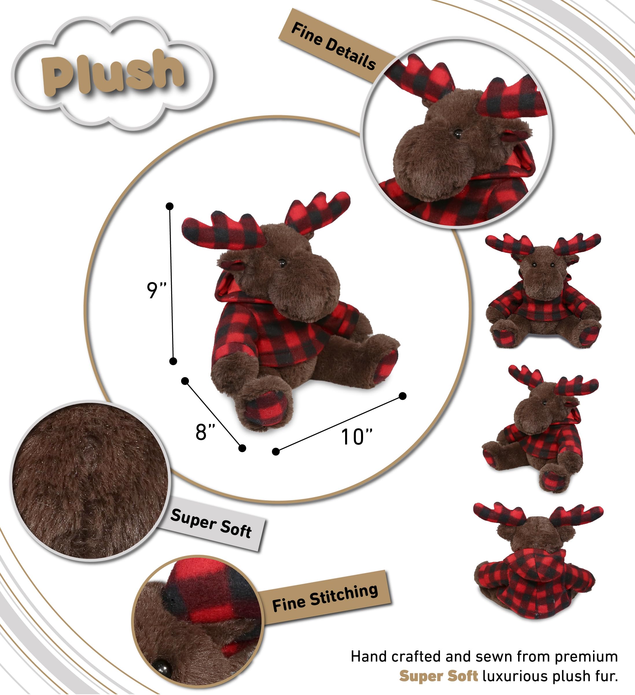 DolliBu Plaid Brown Moose Stuffed Animal - 10 Inch Hoodie Plush Toy For Kids And Adults